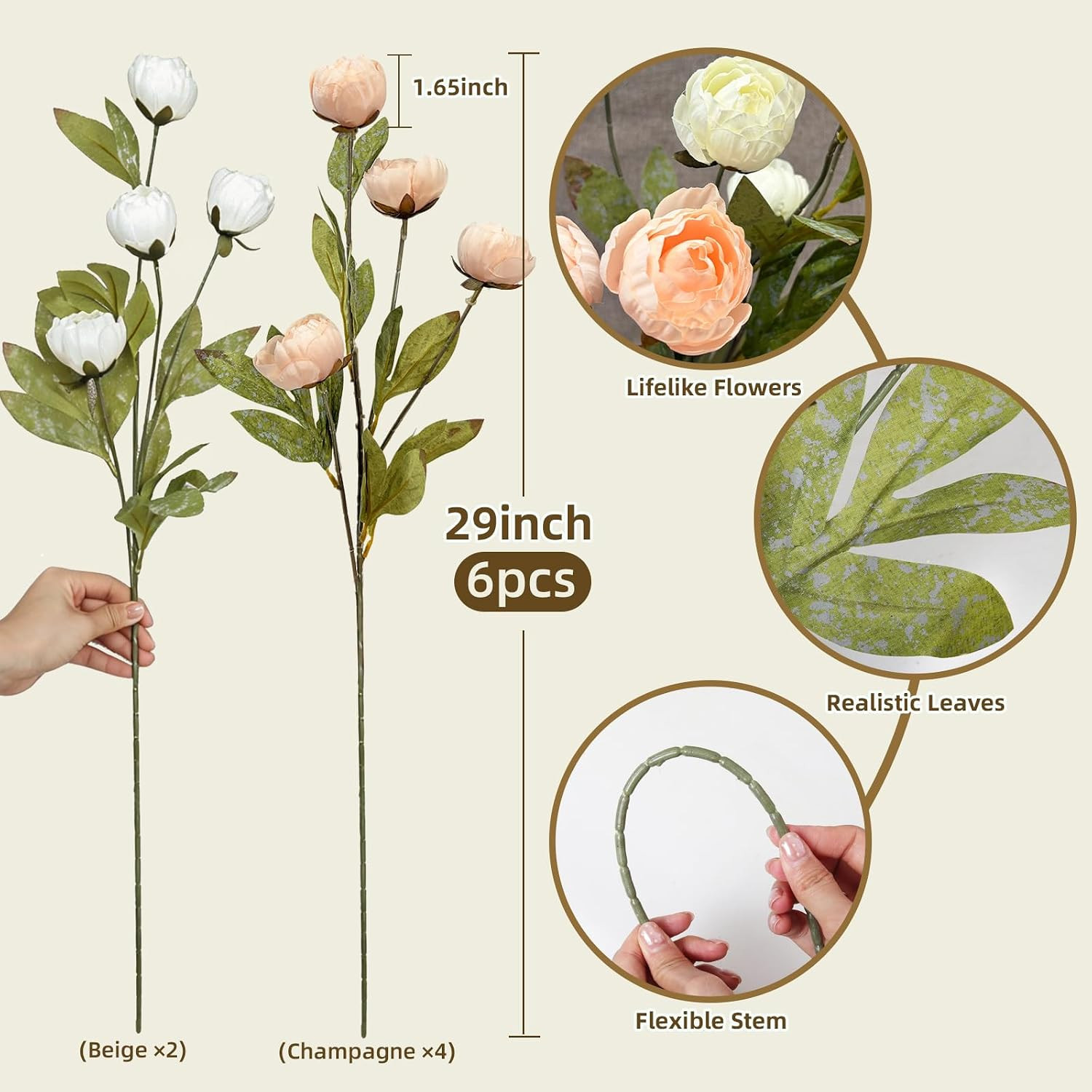 6 Pcs Beige Champagne Faux Peonies Silk Flowers for Home, Wedding Decor