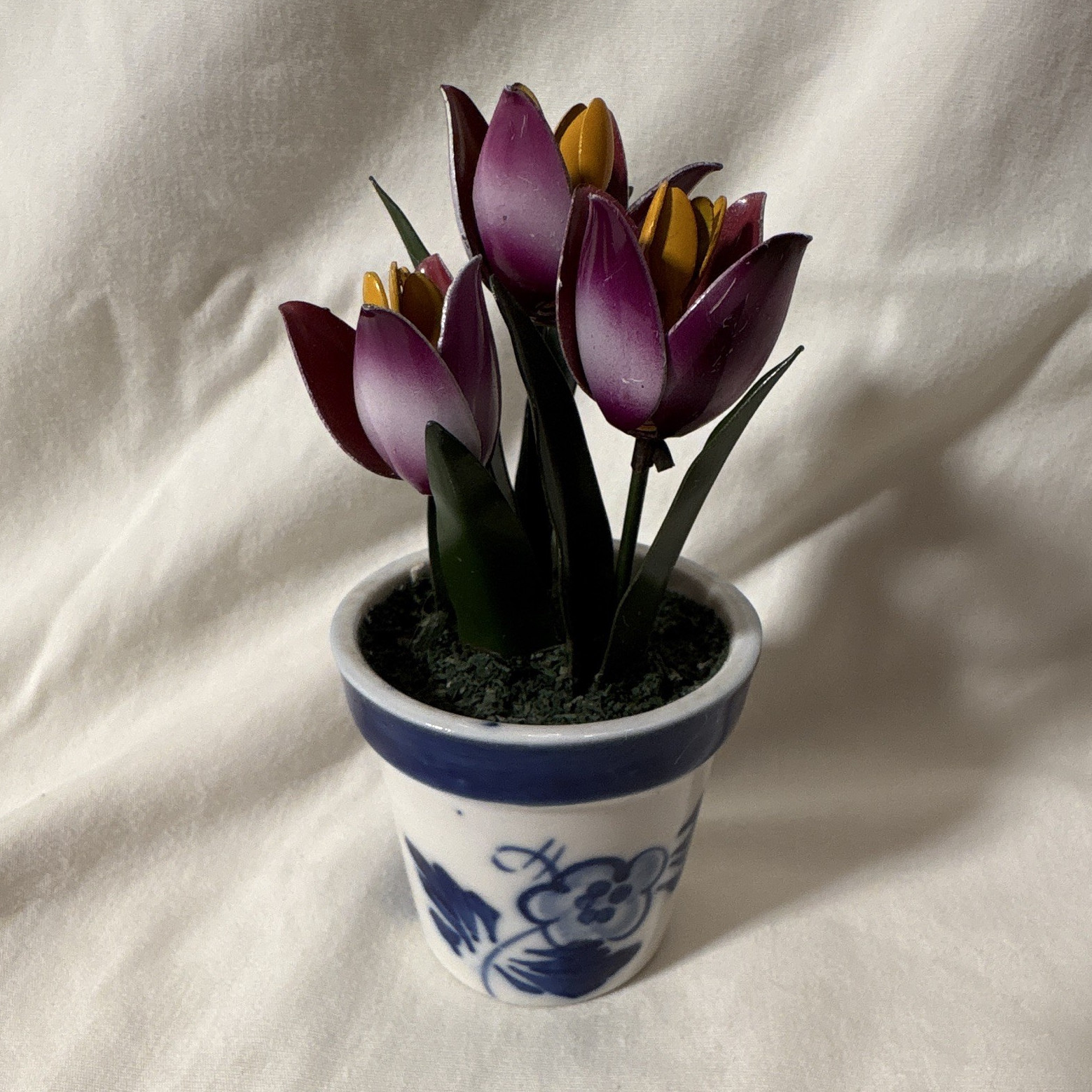 Enesco Artificial Crocus Floral Arrangement Ceramic Pot Blue/White Delft 6 in