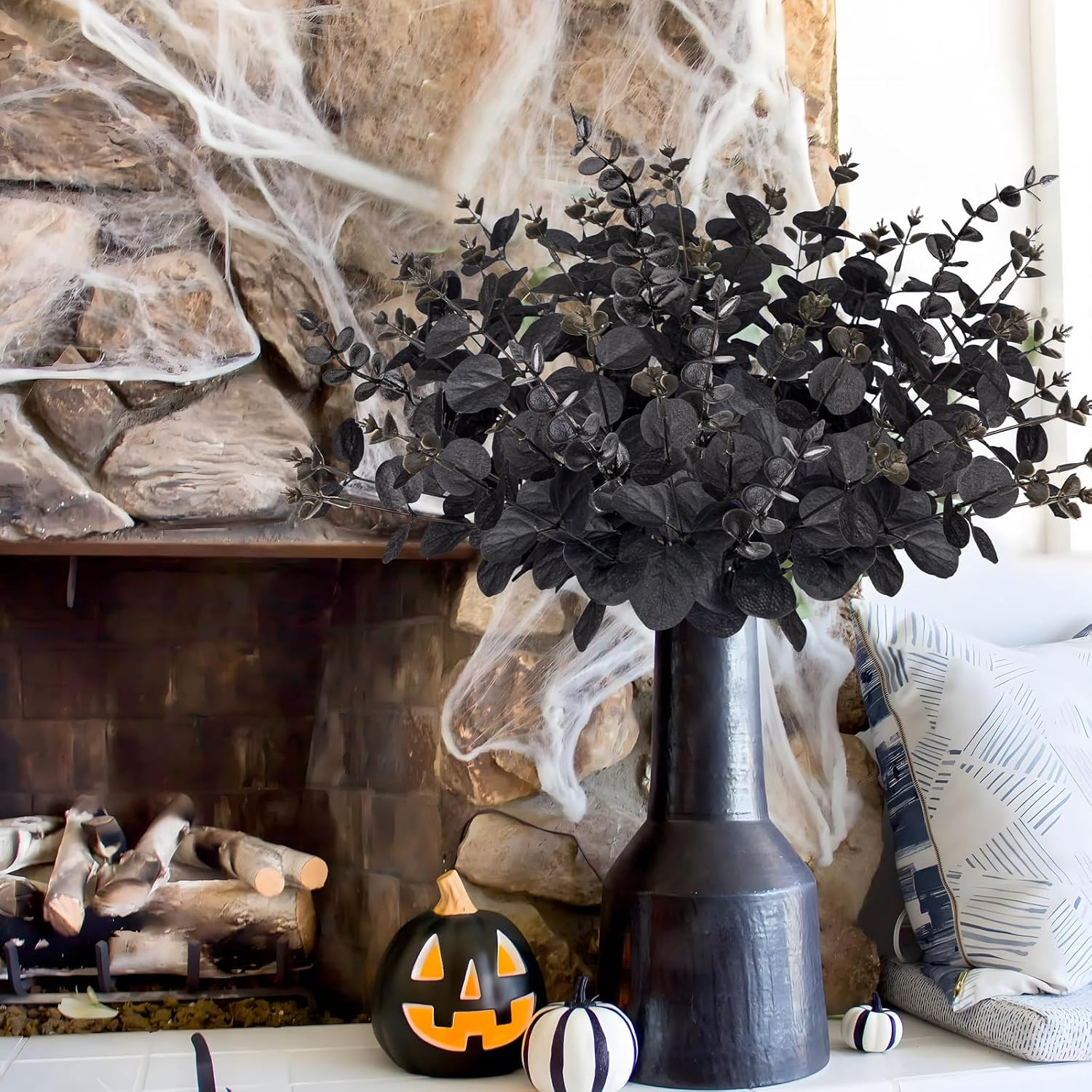 20PCS Black Halloween Decor Artificial Flowers Bulk – Eucalyptus Stems Branches
