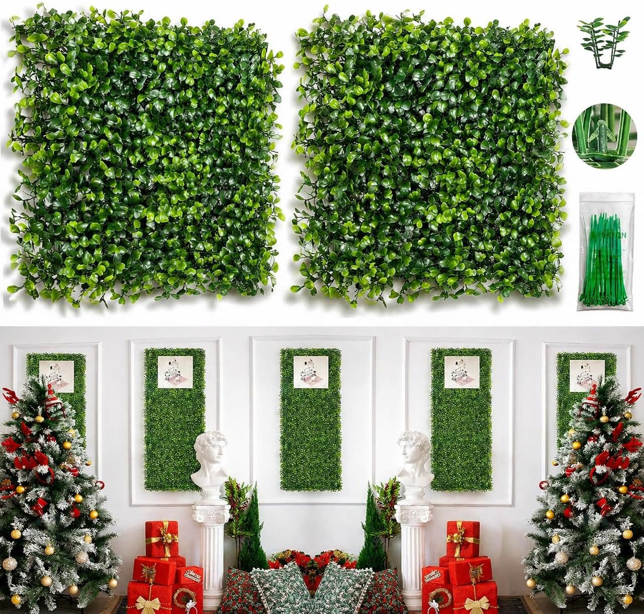 Artificial Grass Wall Panel,10″X 10″(12Pcs) Boxwood Faux Green Wall Panels for I