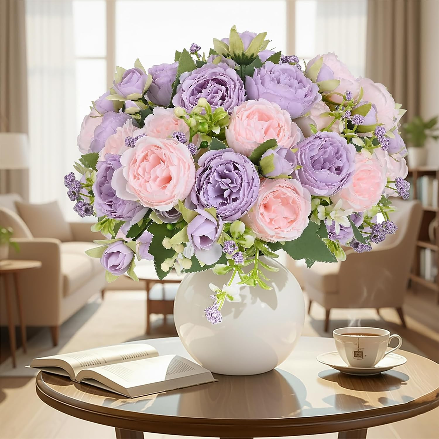 12 Bundles Peonies Artificial White Flowers Bouquet, Lifelike Silk Fake Peonies