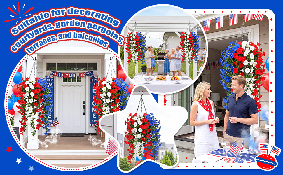12 Pcs Red White Blue Artificial Hanging Flowers Outdoor with 2 Baskets 250th