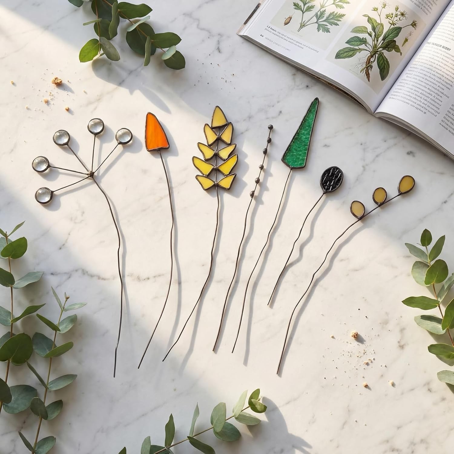 7 Pcs Stained Glass Flowers W/ Stems Handcrafted Artificial Glass Floral Branch