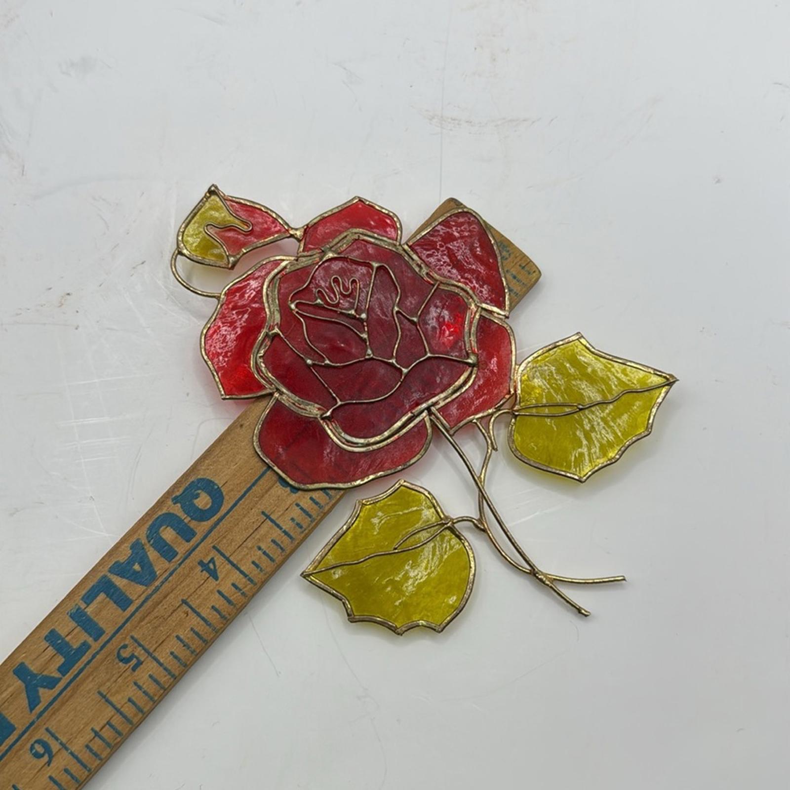 Vintage Faux Stained Glass Red Rose Flower Decor Collectible