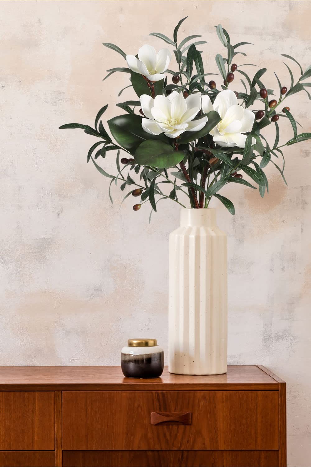 White Silk Magnolia Flowers with Olive Branches for Vases Real Touch White Fl…