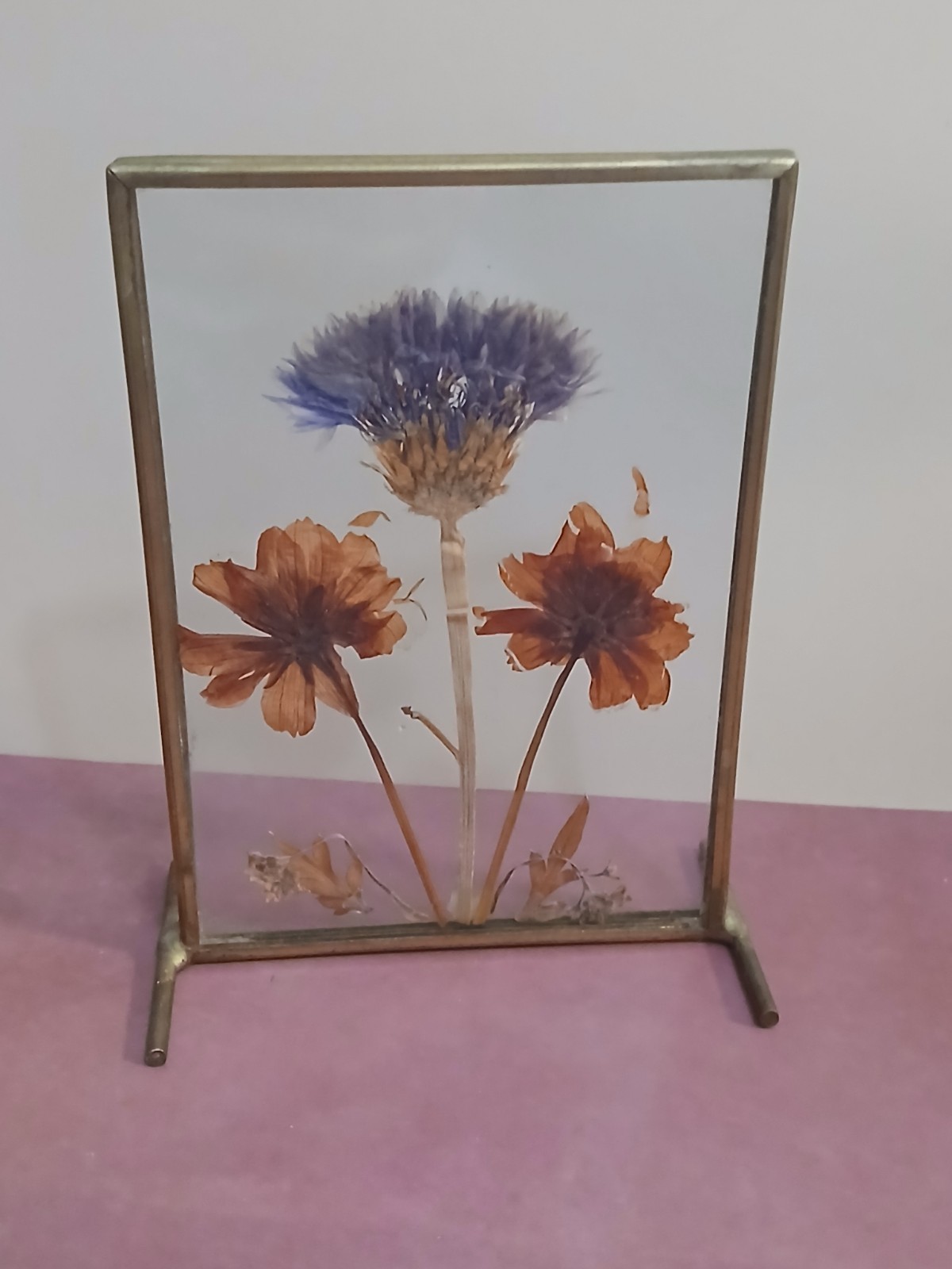 Two Vintage Pressed Floral Pieces-Brass & Aluminum Frames