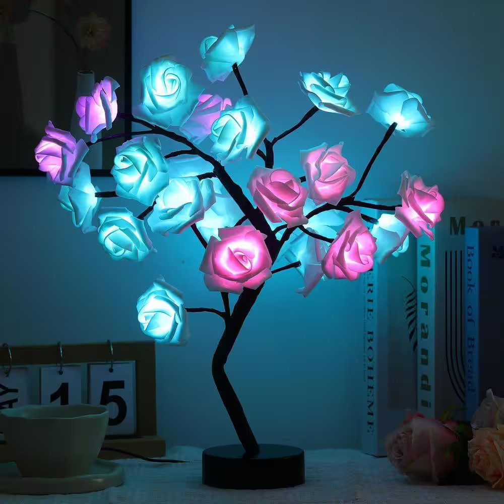 Artificial Rose Flower Tree LED Night Light Bonsai Style Tabletop Tree in Pot fo