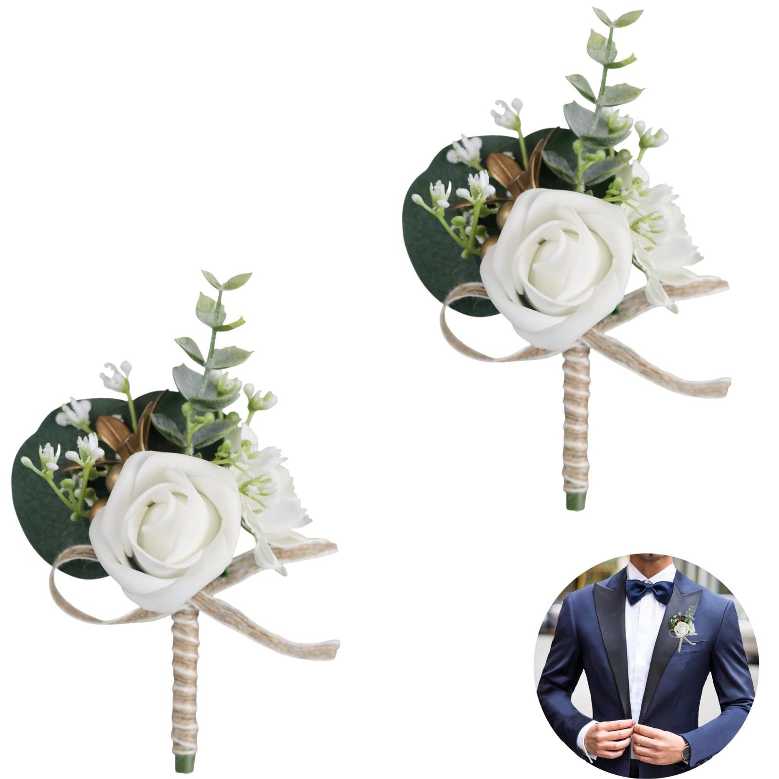 2PCS Artificial Men’s Rose Boutonniere,Buttonhole Flowers with Pin and Clip A…