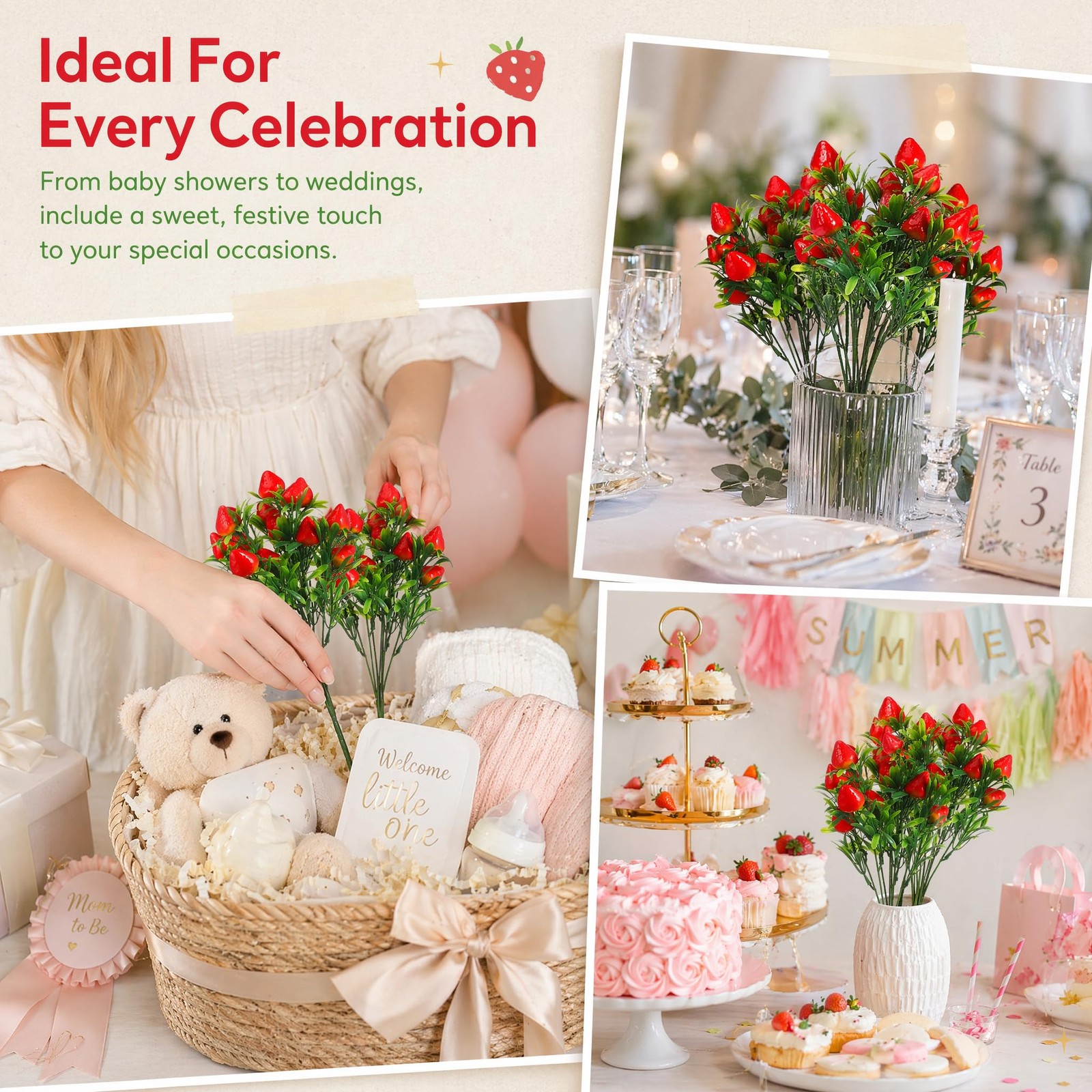 9 Pcs Artificial Strawberries for Decor, 11.8″ Fake Strawberry Branches Flowe…