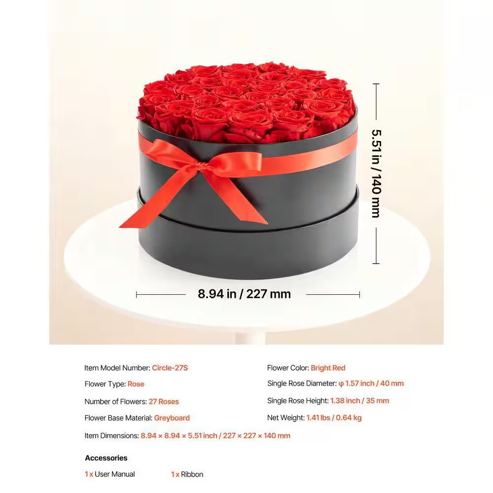 27 Preserved Roses in a Box, 5.51 In. Red Indoor Artificial Rose in Black Basket