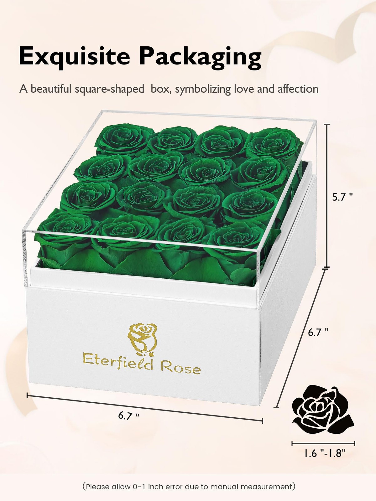 16 PCS Blackish Green Preserved Roses Forever Flowers Square White Box Gift