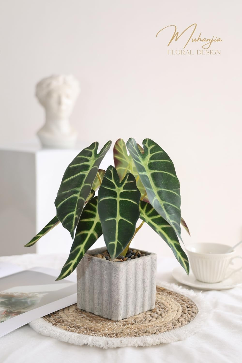 Artificial Potted Plant, Lifelike Faux Greenery in Decorative Cement-Look Square