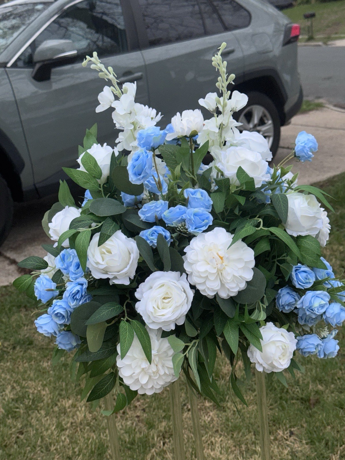 Artificial White and Blue Rose Flower Arrangement with Greenery