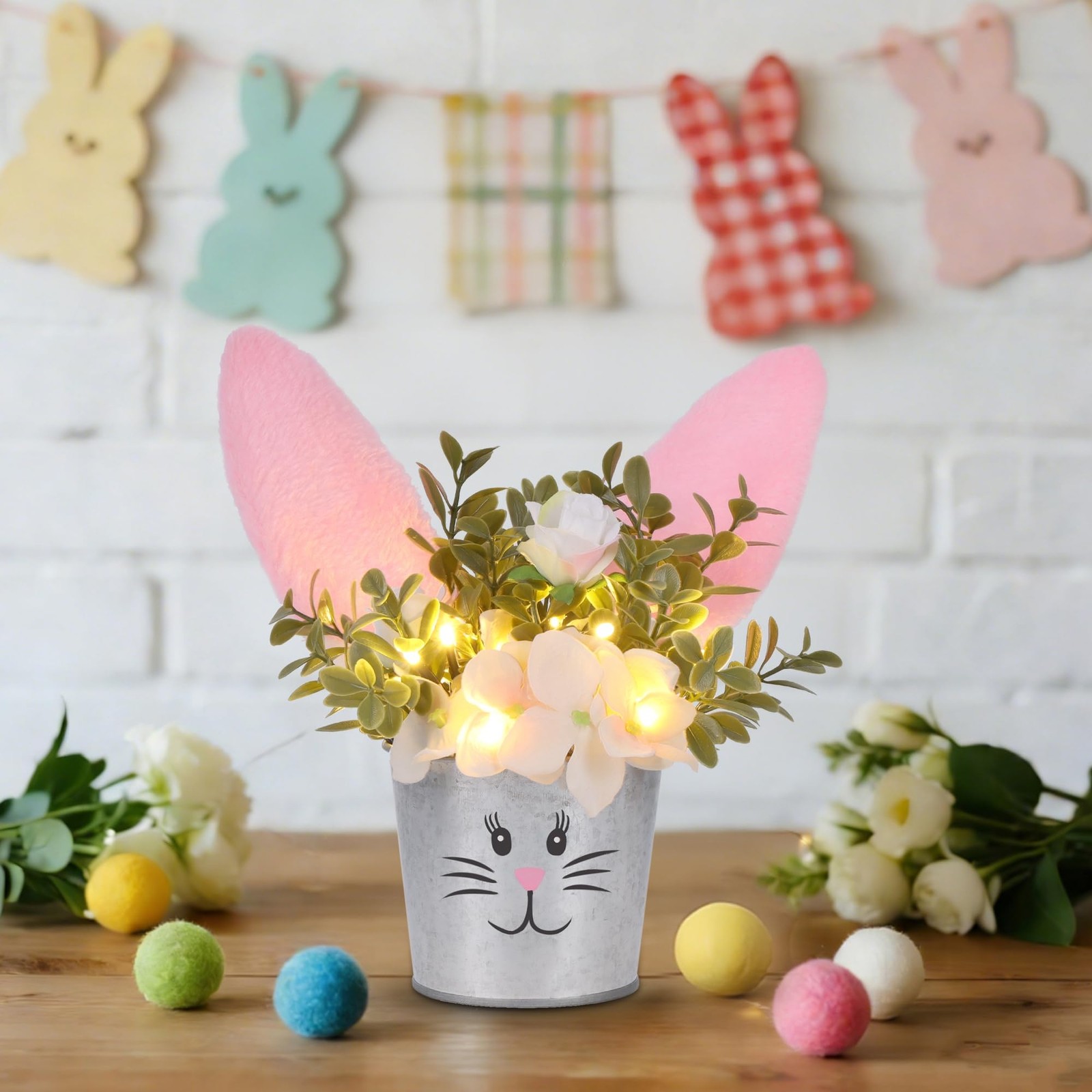 Lighted Easter Table Decorations Artificial Flower With Bunny Ear Desk Decor