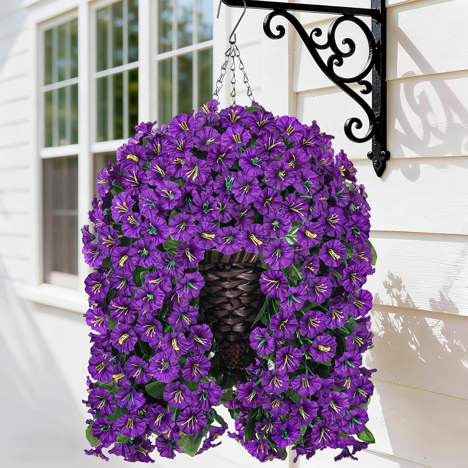 UV Resistant Faux Purple Morning Glory Hanging Basket for Outdoor Decor
