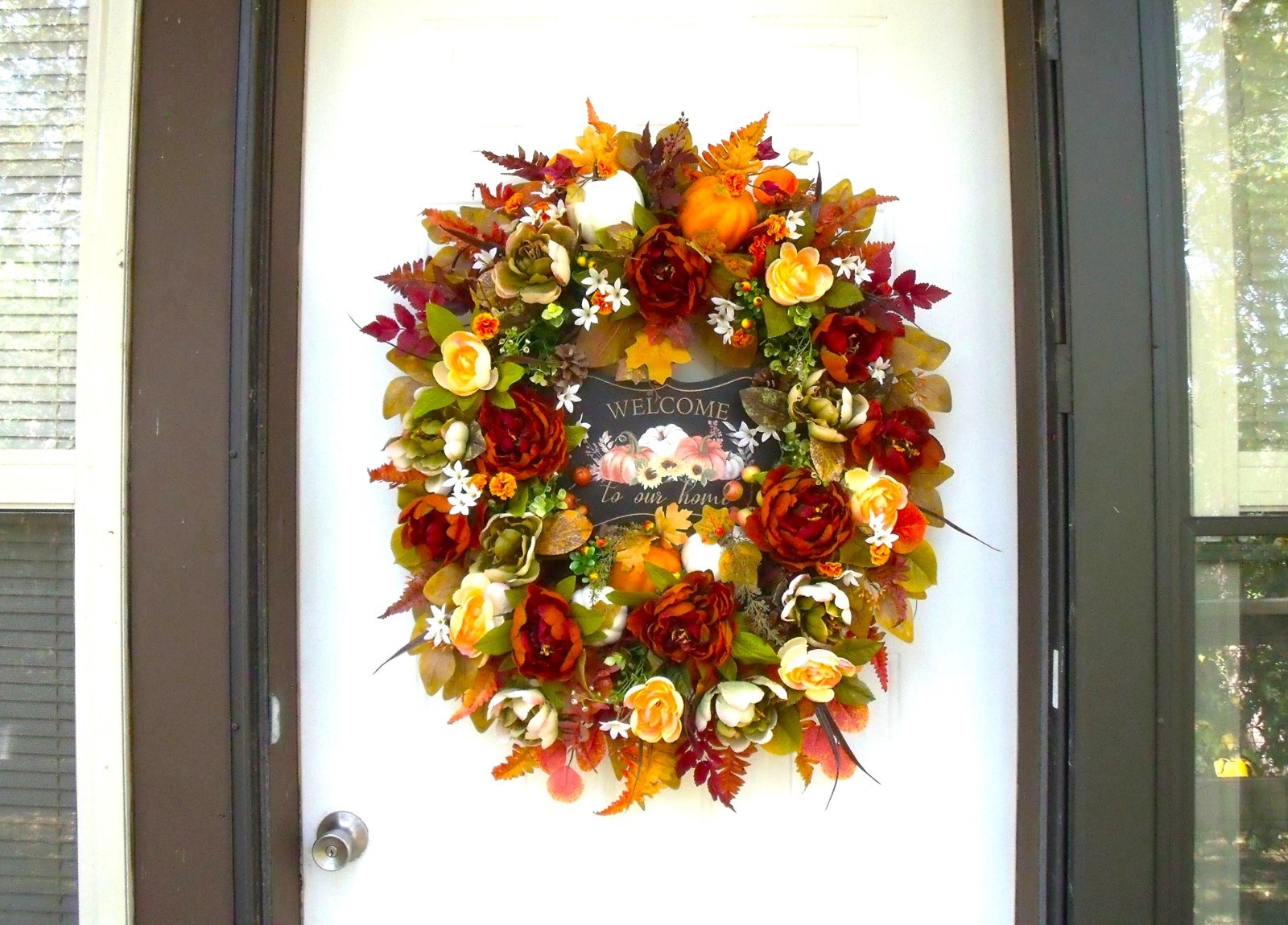 Fall Door Wreath, Thanksgiving Autumn Peony Pumpkin Wreath, Sage Orange Rust