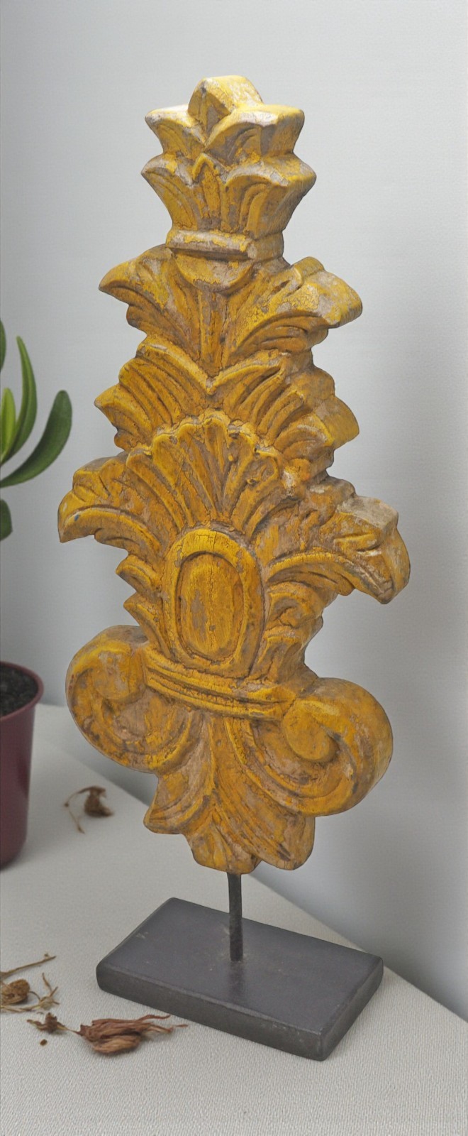 Hand Carved Wooden Flower Carving Panel Plaque on Stand Rustic Yellow Painted
