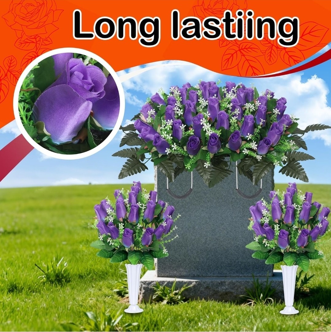 3 Sets Cemetery Flowers for Grave, Headstone Flower Saddle, Purple Rose Memorial