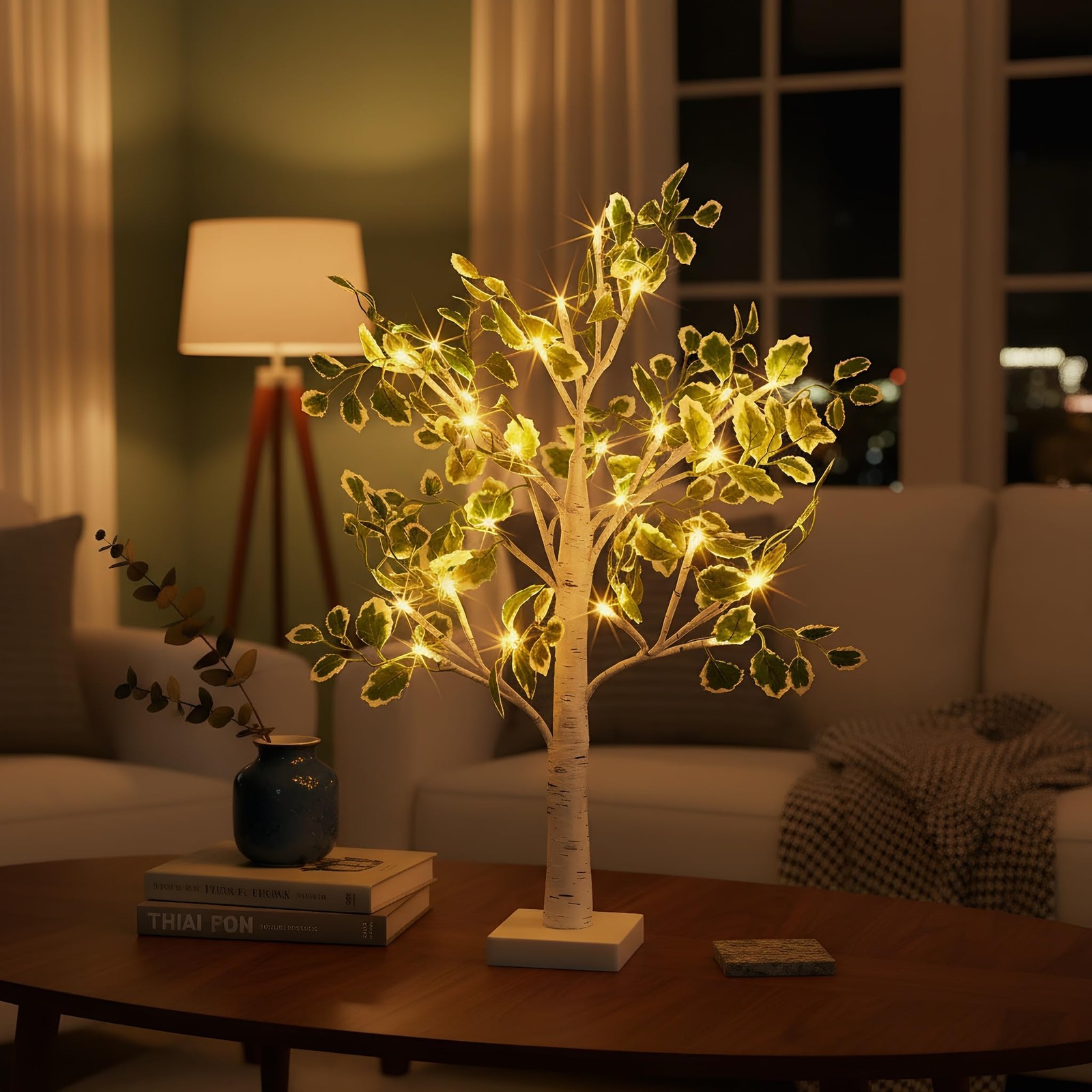 Birch Tree Lights 2ft, Fairy Light Tree with Green Leaves, USB/Battery Powere…