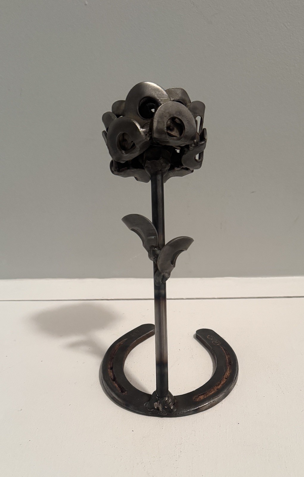 Handcrafted Custom Welded Metal Single Rose on Horseshoe