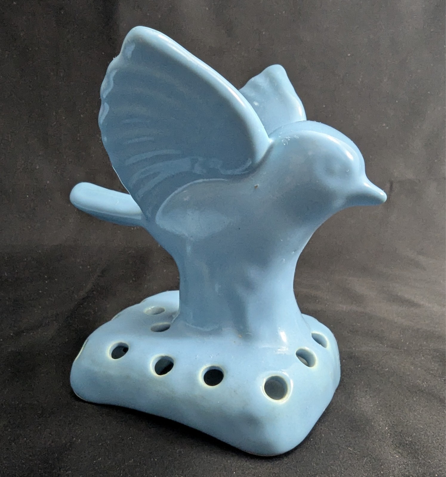 Vtg Camark Art Pottery Blue Shallow Bowl Planter & Bird Flower Frog Set (S4)