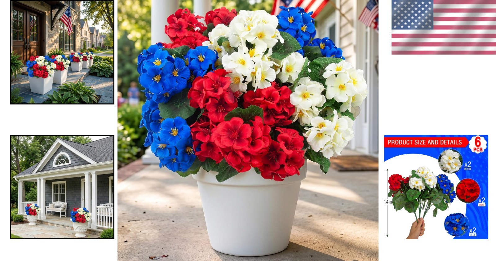 Artificial Geranium Flowers 6 Pcs UV Resistant RedWhiteBlue