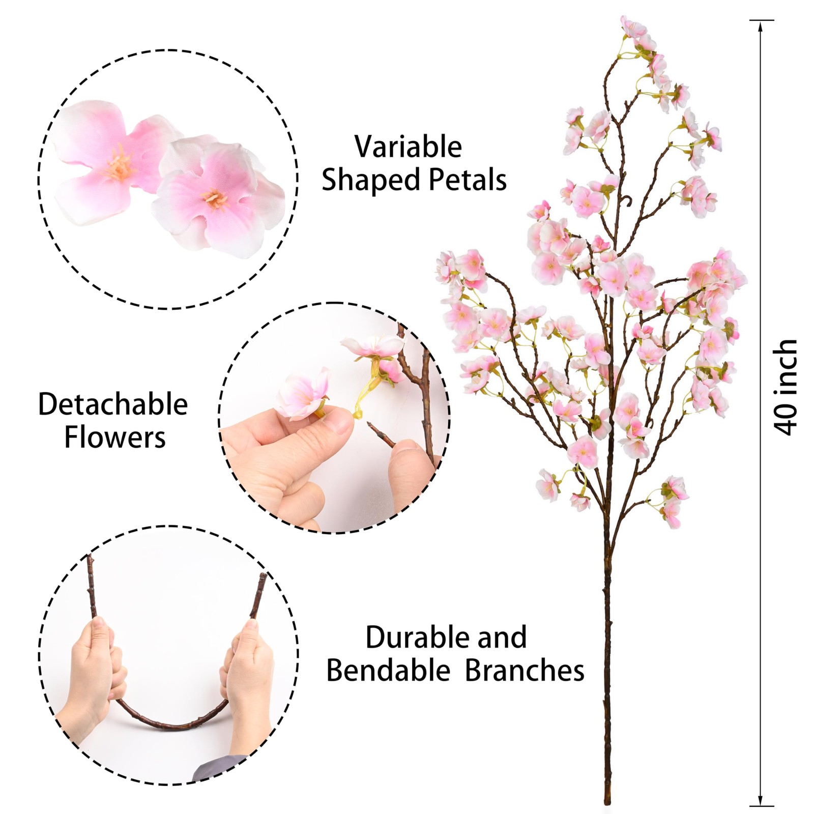 Artificial Cherry Blossoms Silk Stems 40 Inch Light Pink Set of 3 Wedding Decor