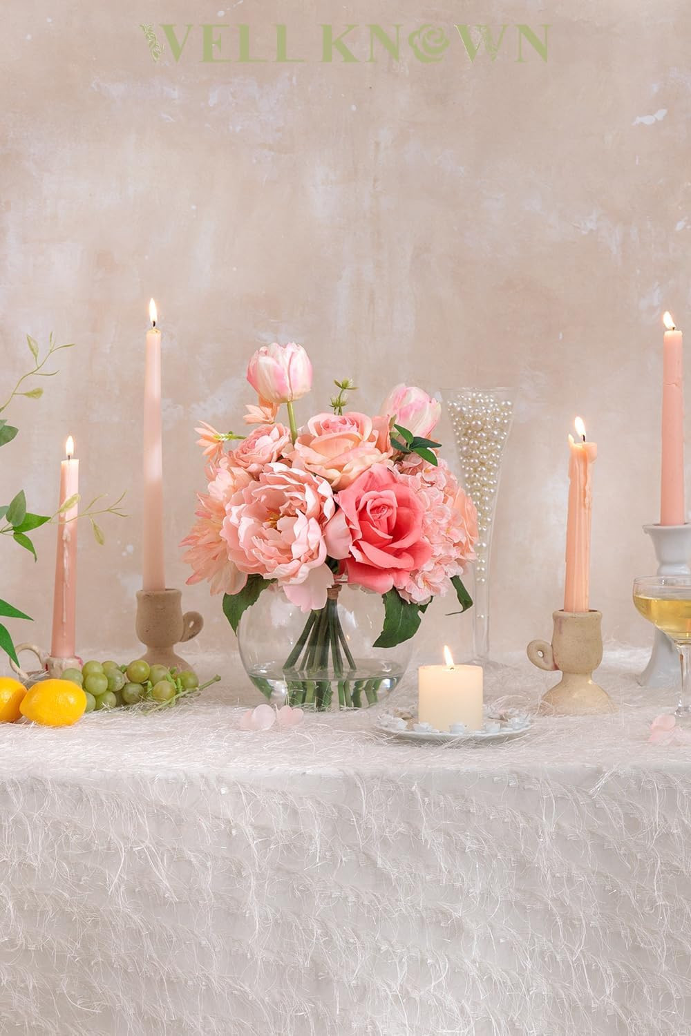 Peach Pink Silk Flower Bouquet in Vase with Fake Water for Home Decor