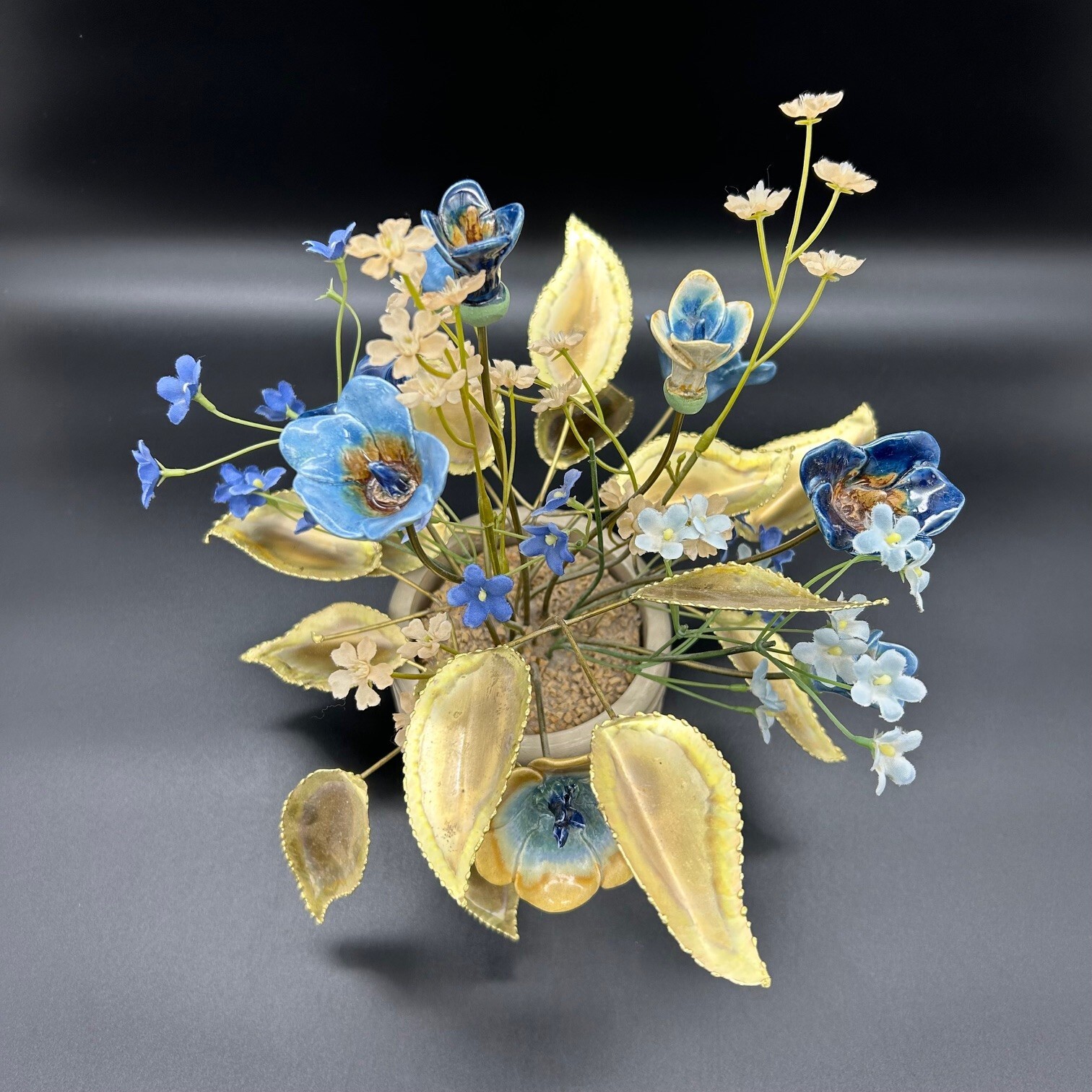 Mixed Media Flower Arrangement Ceramic & Faux Silk Flowers Metal Leaves in Pot