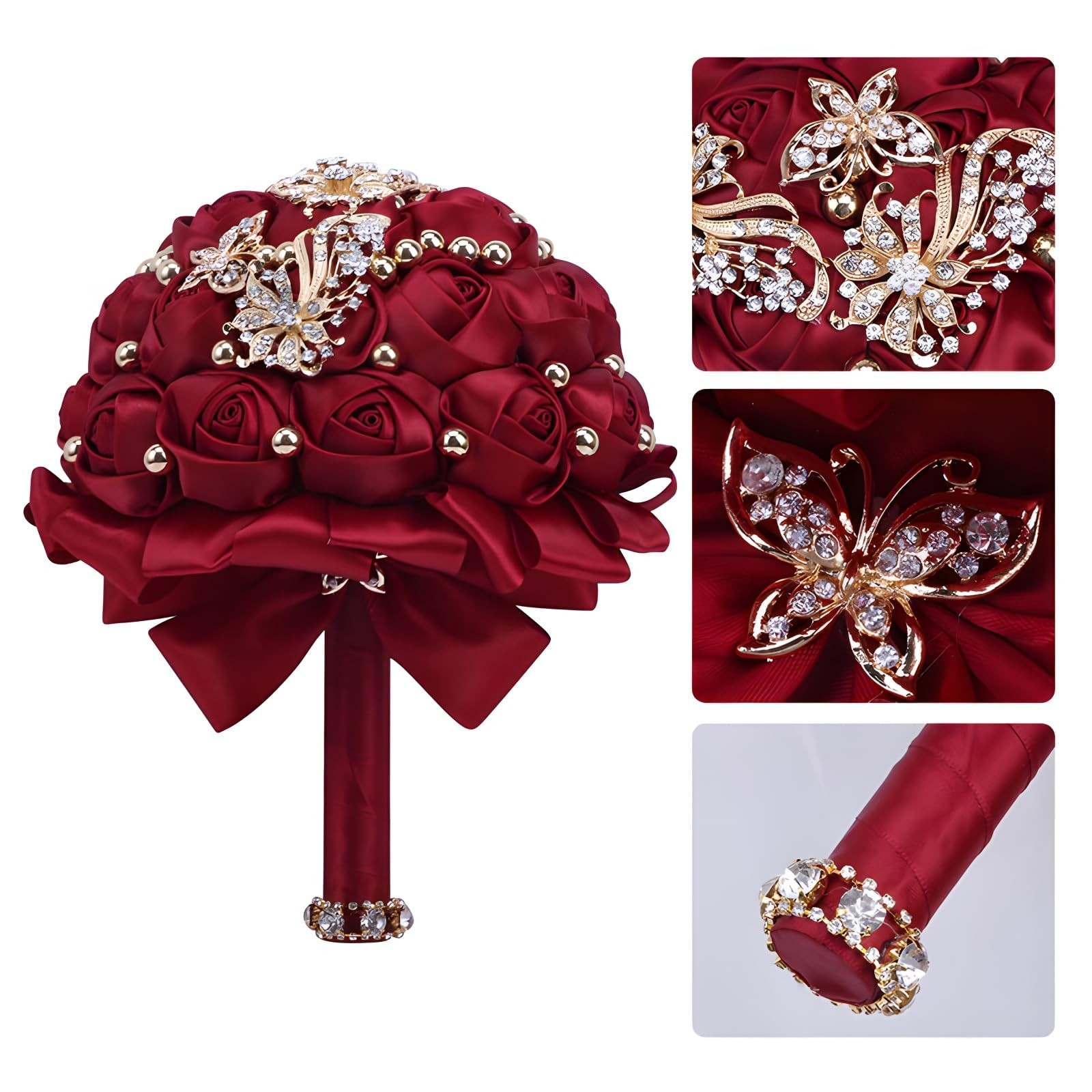 7 Inch Wedding Bouquet Red Satin Flower Bridal Holding Bridesmaid Button Broo…