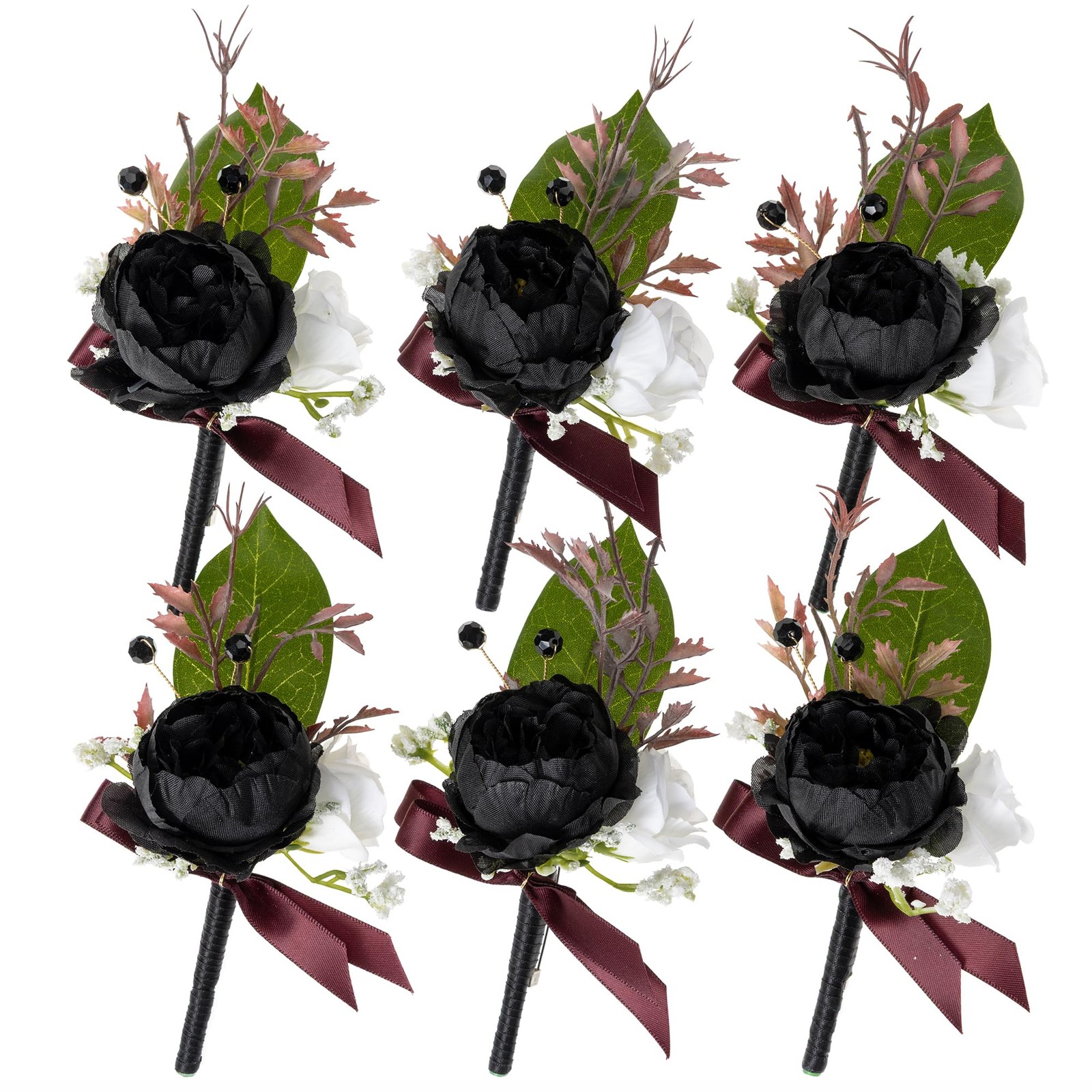6 PCS Black White Men Boutonniere Artificial Silk Flower Wedding Prom Grooms