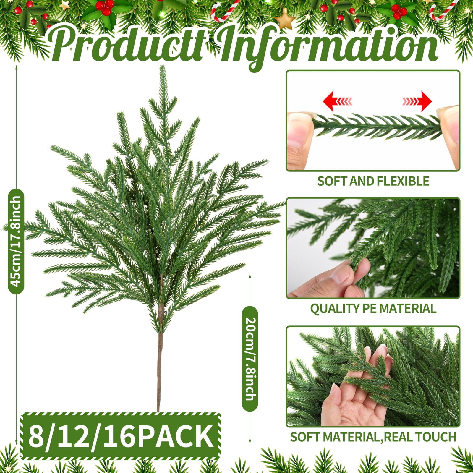 8 PCS 18 Inches Artificial Christmas Norfolk Pine Branch, Natural Touch Norfo…