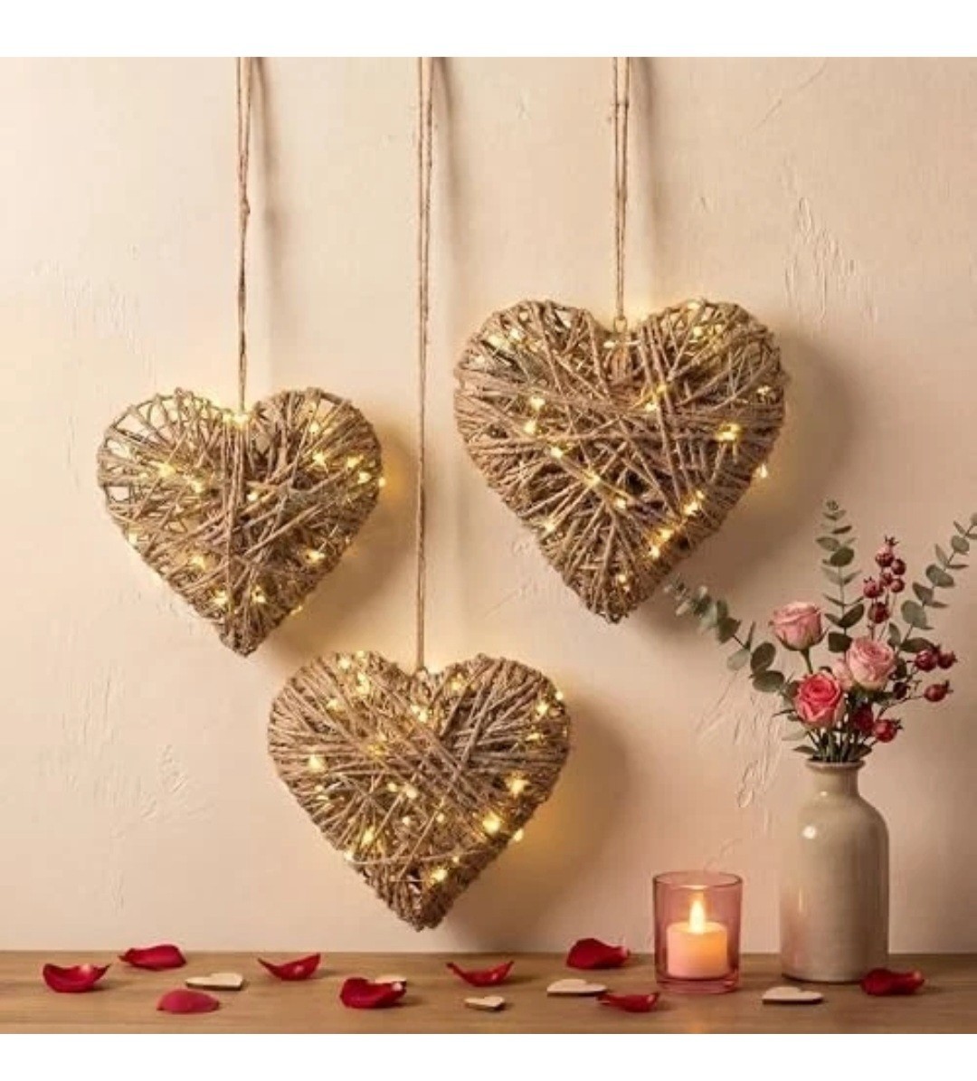 3 Piece Rustic Rattan Heart Wall / Hanging Decor For Valentine’s / Anniversary