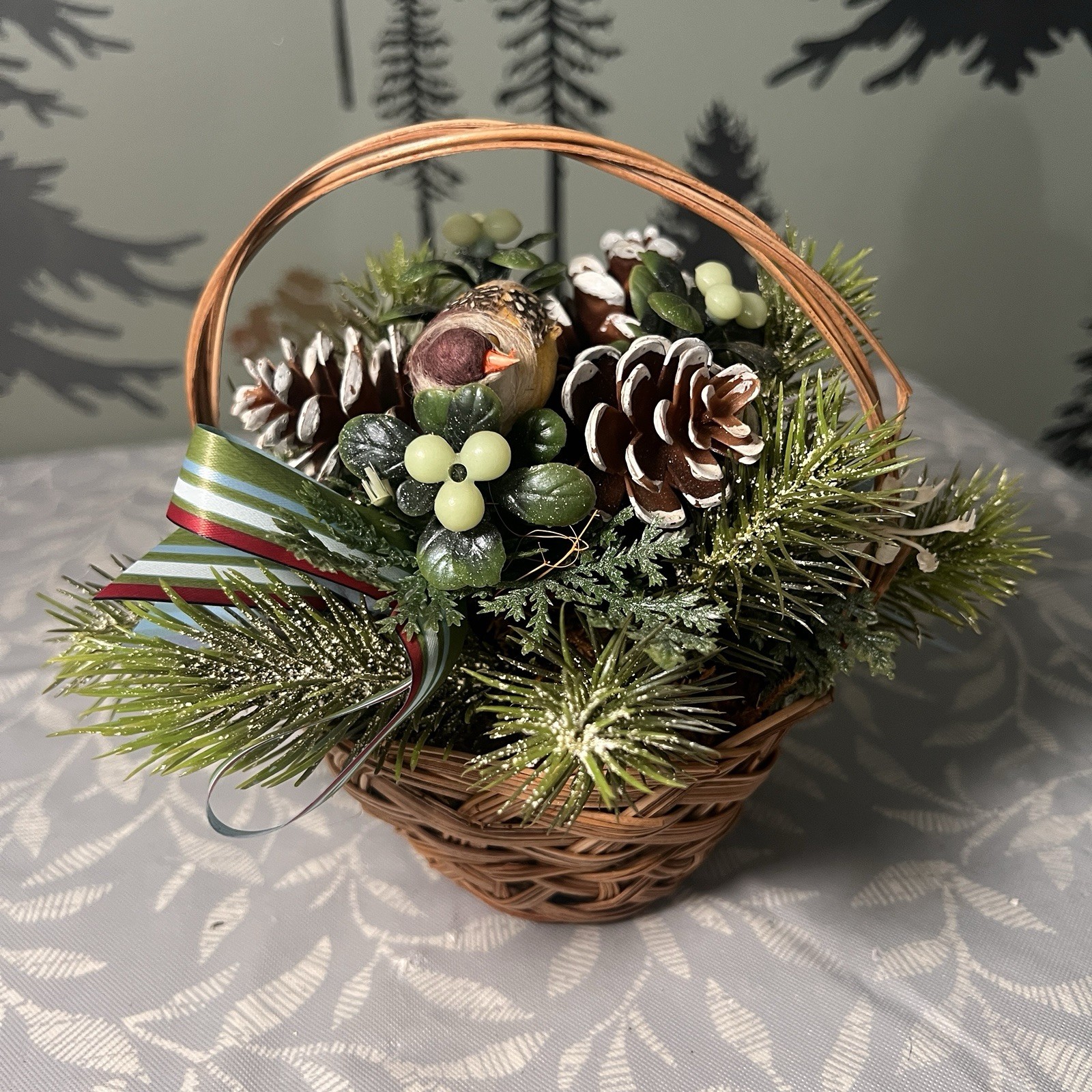 Festive Artificial Christmas Floral Arrangement In Small Round 6” Woven Basket