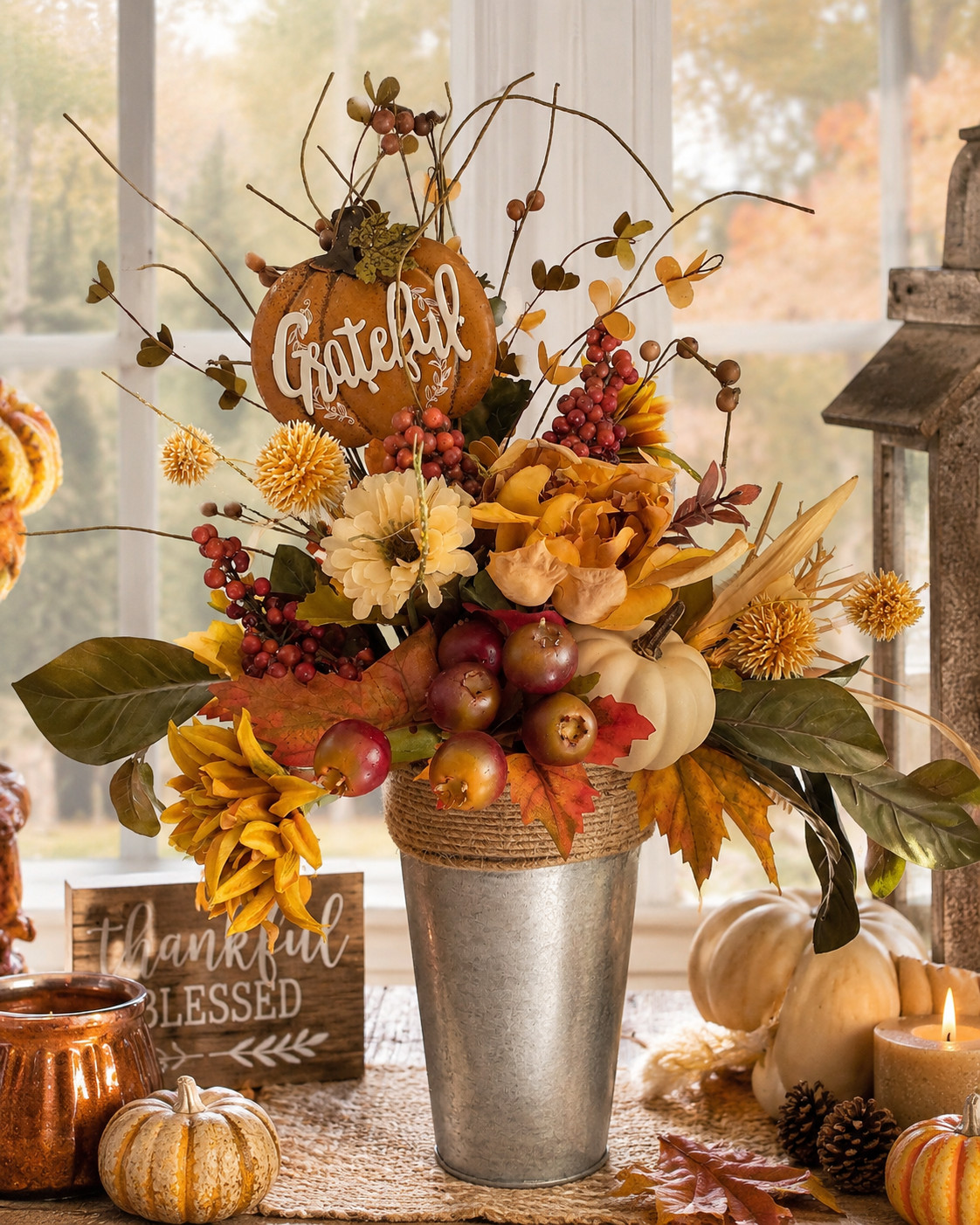 Fall Harvest Floral Arrangement w/Grateful Pumpkin Sign Thanksgiving Centerpiece