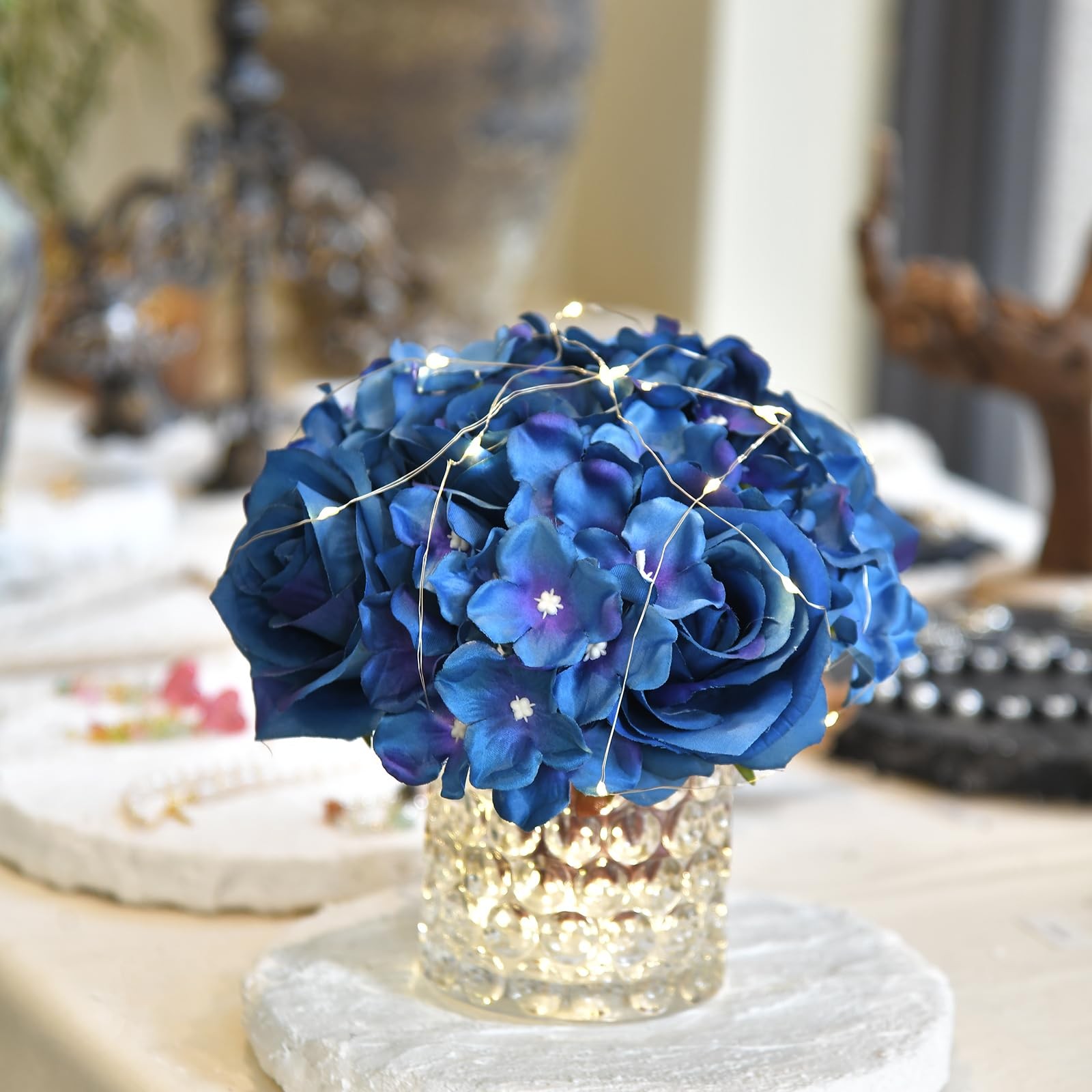 Rose Silk Flower Arrangement Artificial Vivid Rose in Glass Vase with LED Lig…