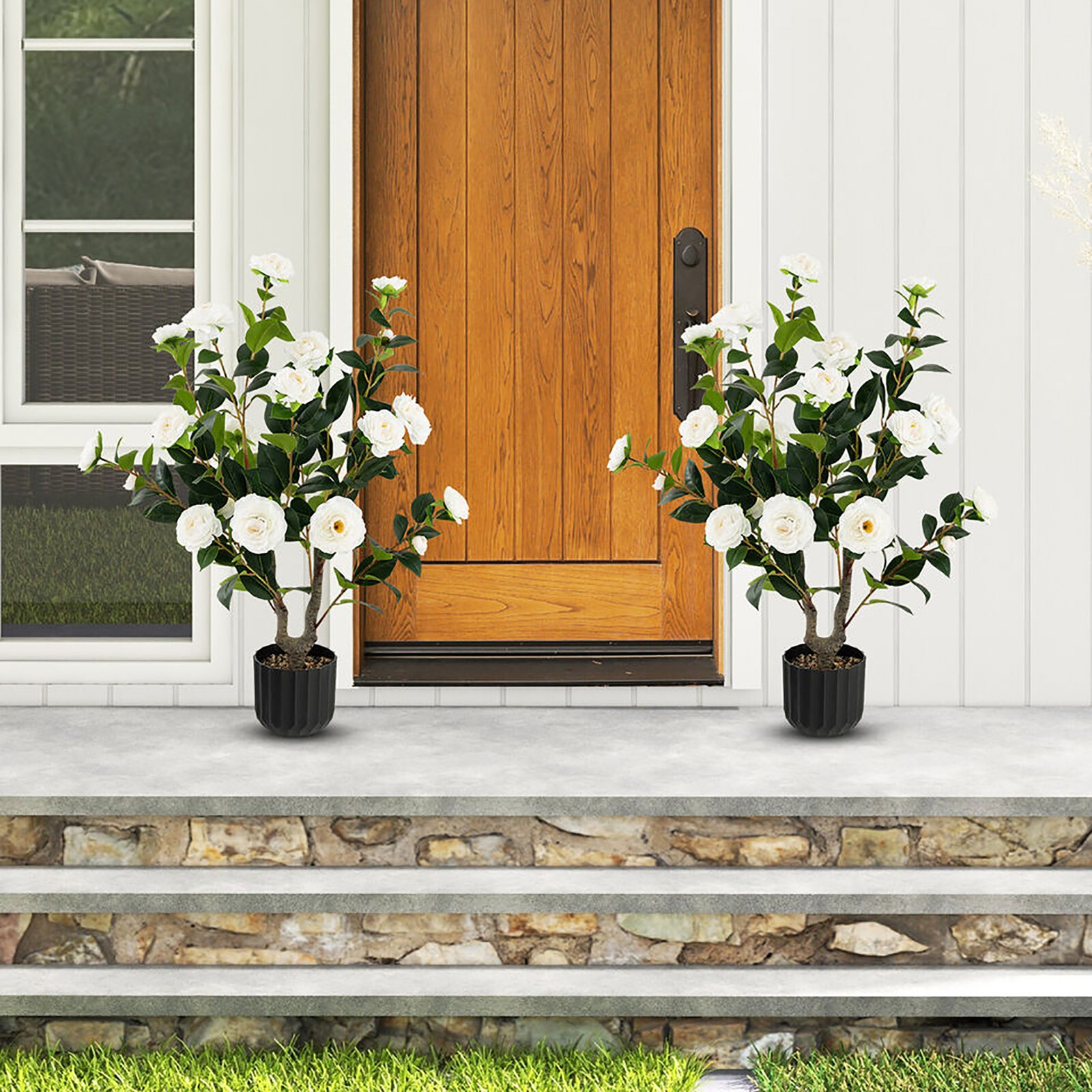 2-Pack 38” Artificial Camellia Tree Faux Floral Plant for Decoration White