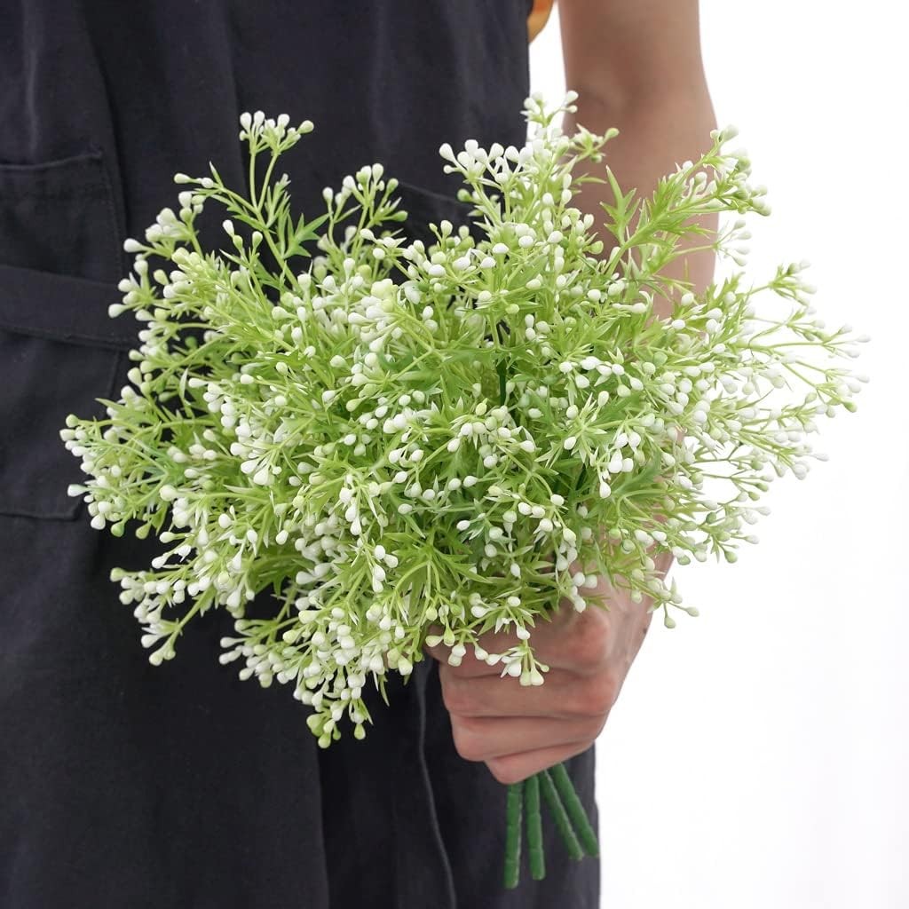 Artificial Plants, Fake Plastic Pearl Bouquet Faux White Flowers Bushes Greenery
