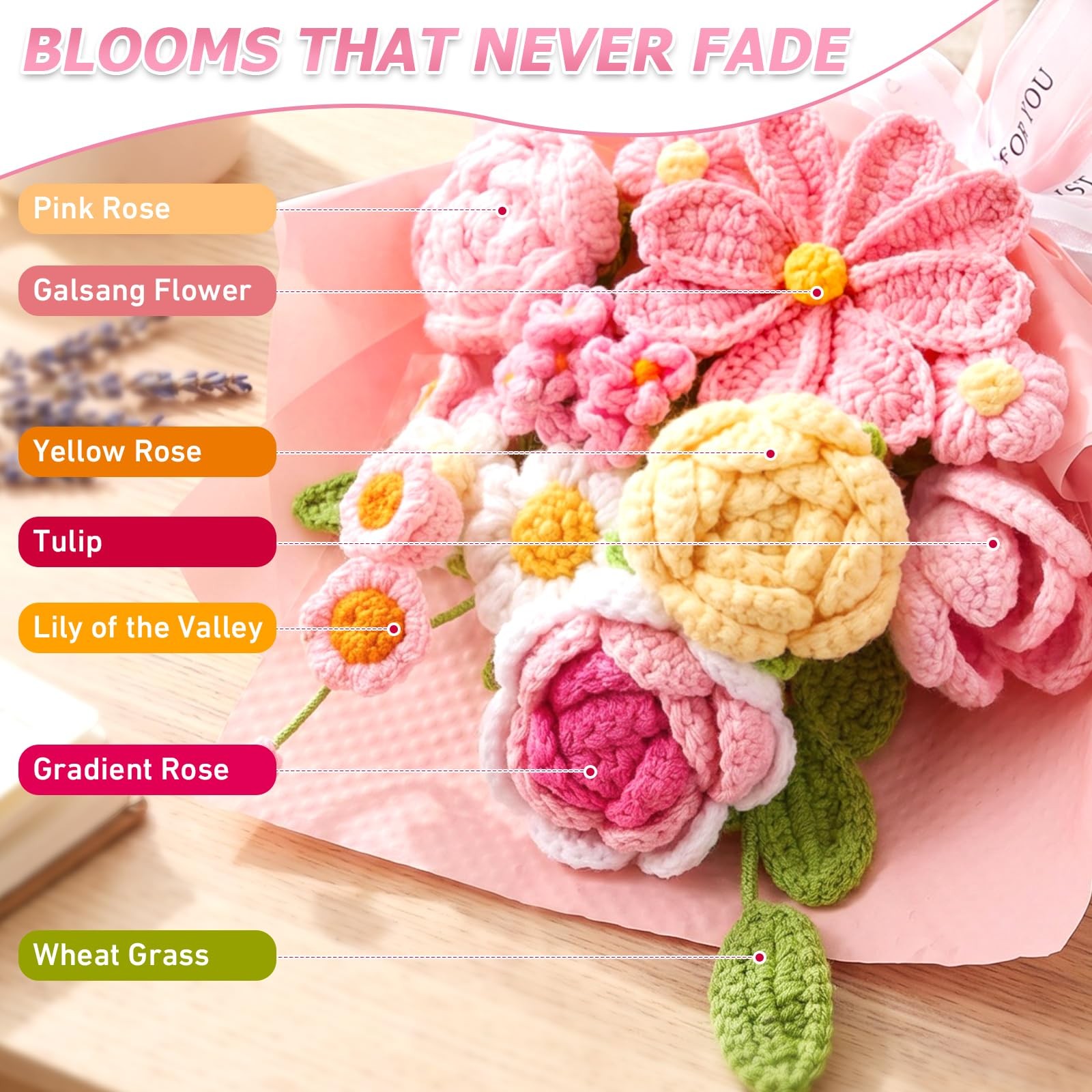 Crochet Flower Bouquet Pink, Handmade Knitted Floral, Crochet Tulips Galsang …