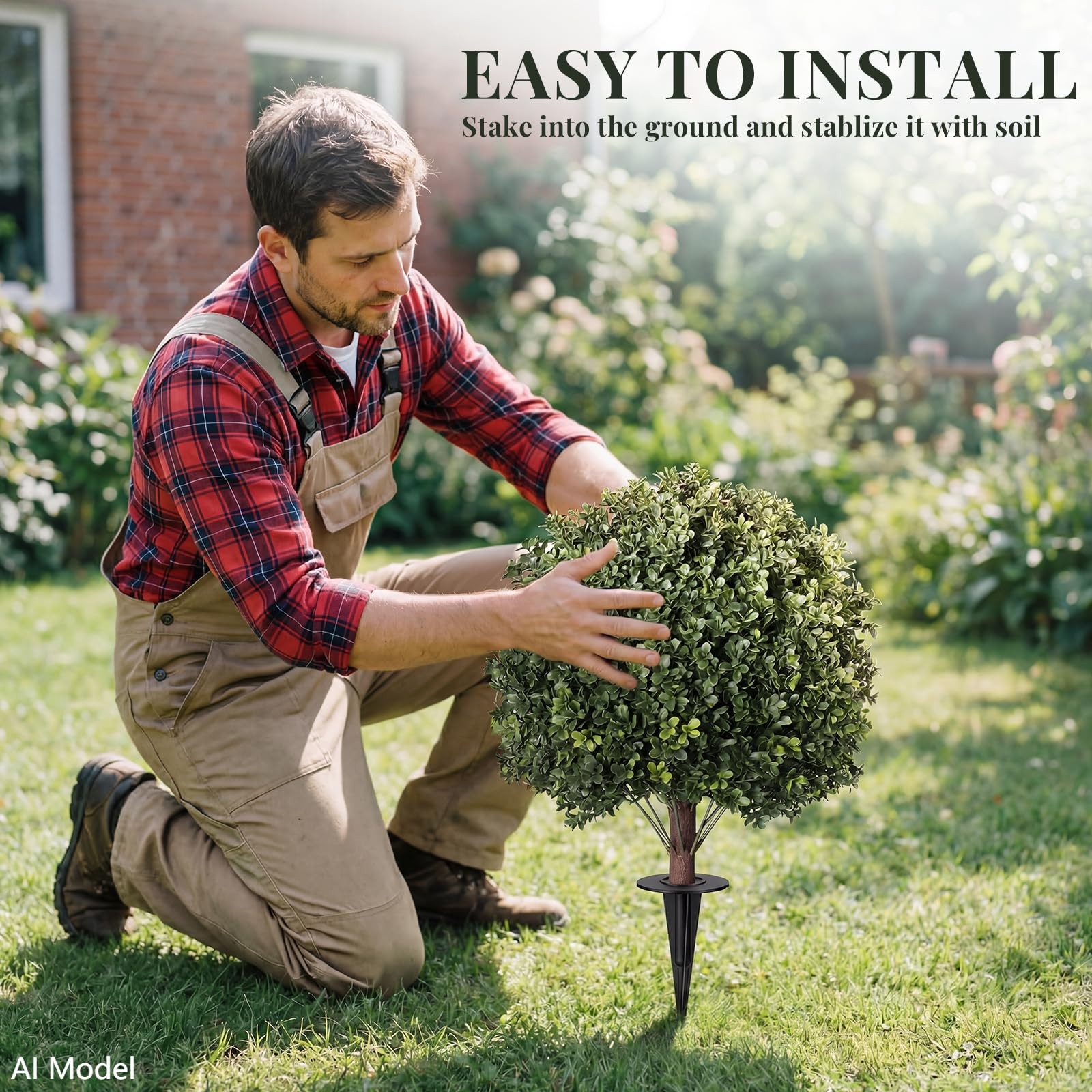26″ Artificial Boxwood Topiary Tree with Ground Spikes, 2 Pack UV Resistant F…