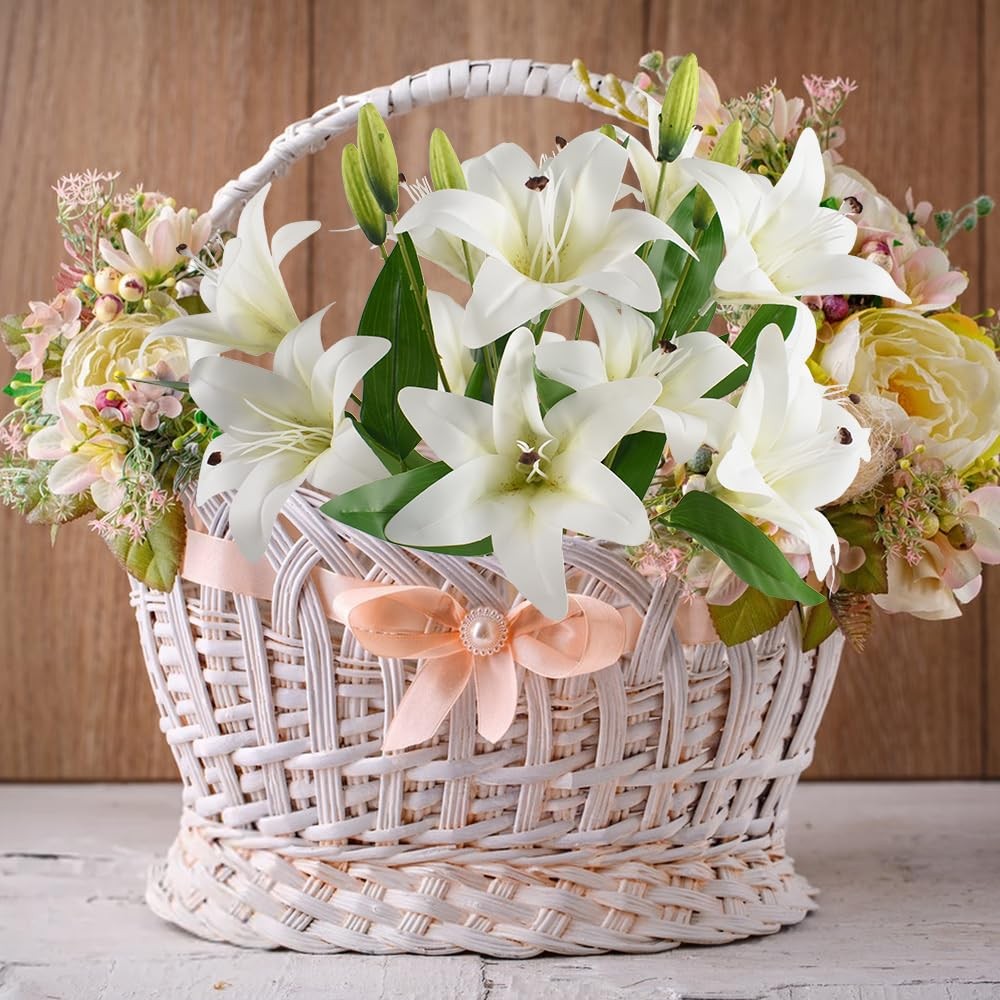 6pcs Artificial Lily Flowers 25.6″ Fake Tiger Lily Flower White Real Touch Br…