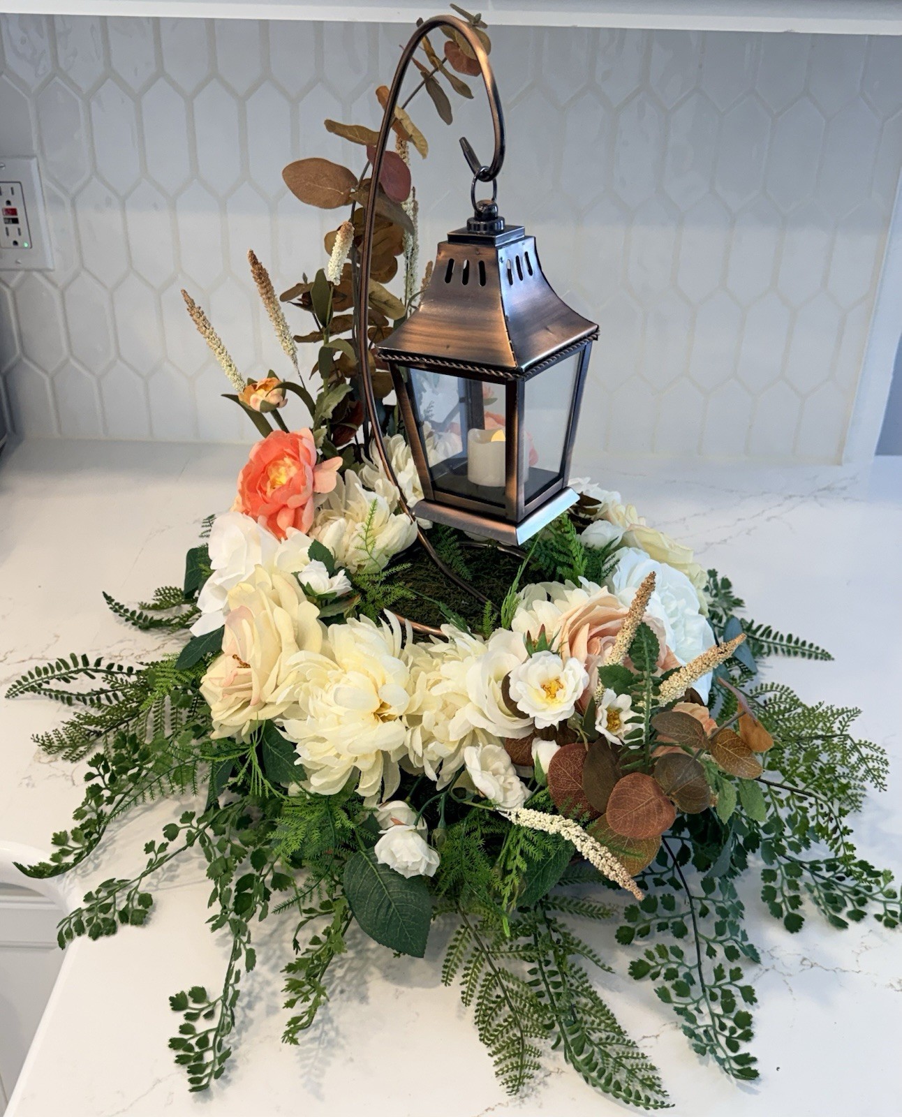 Artificial Lantern Floral Centerpiece Arrangement, Rose Eucalyptus Fern Green