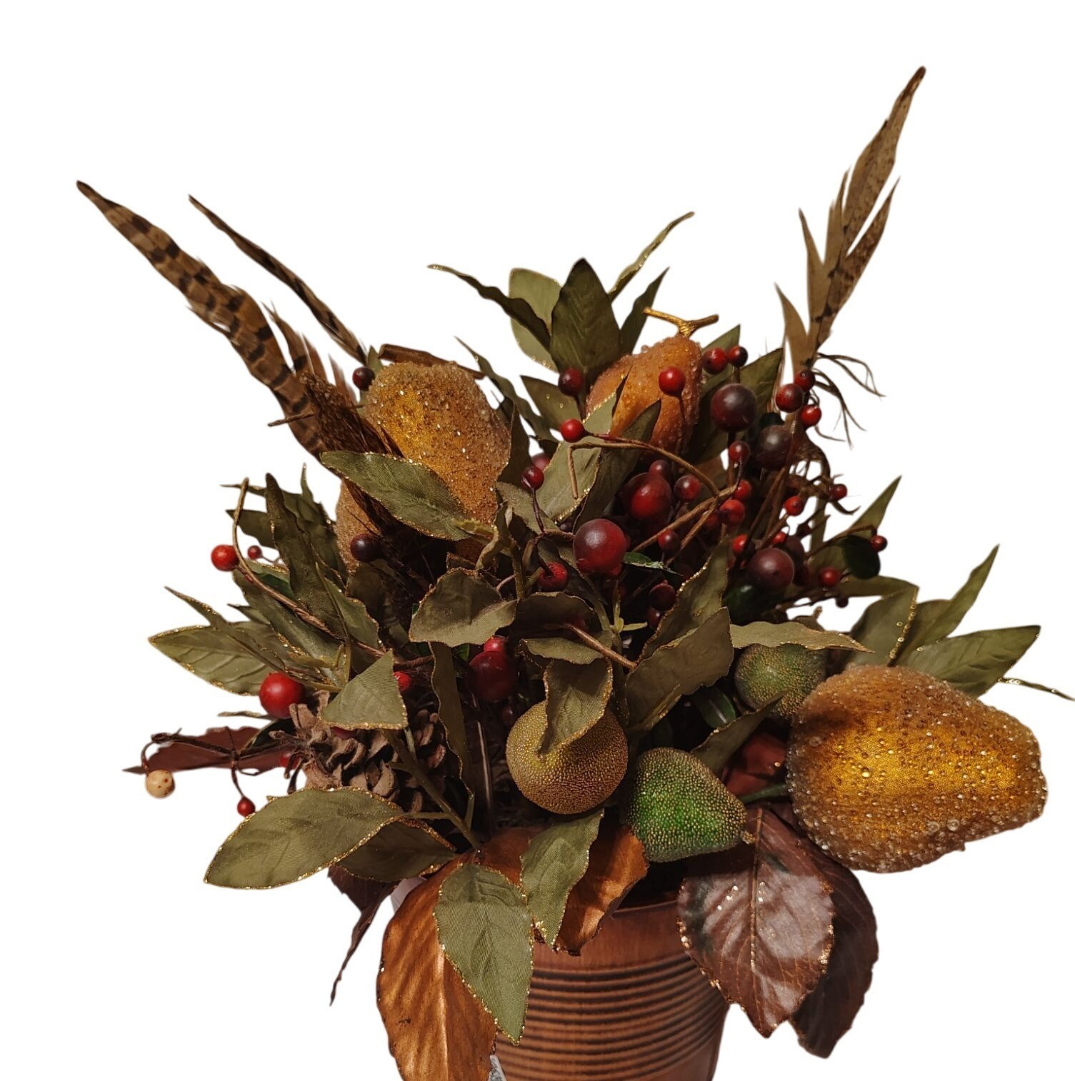 Fall Winter Table Arrangement, Dried Leaves, Beaded Pear Pinecone Turkey Feather