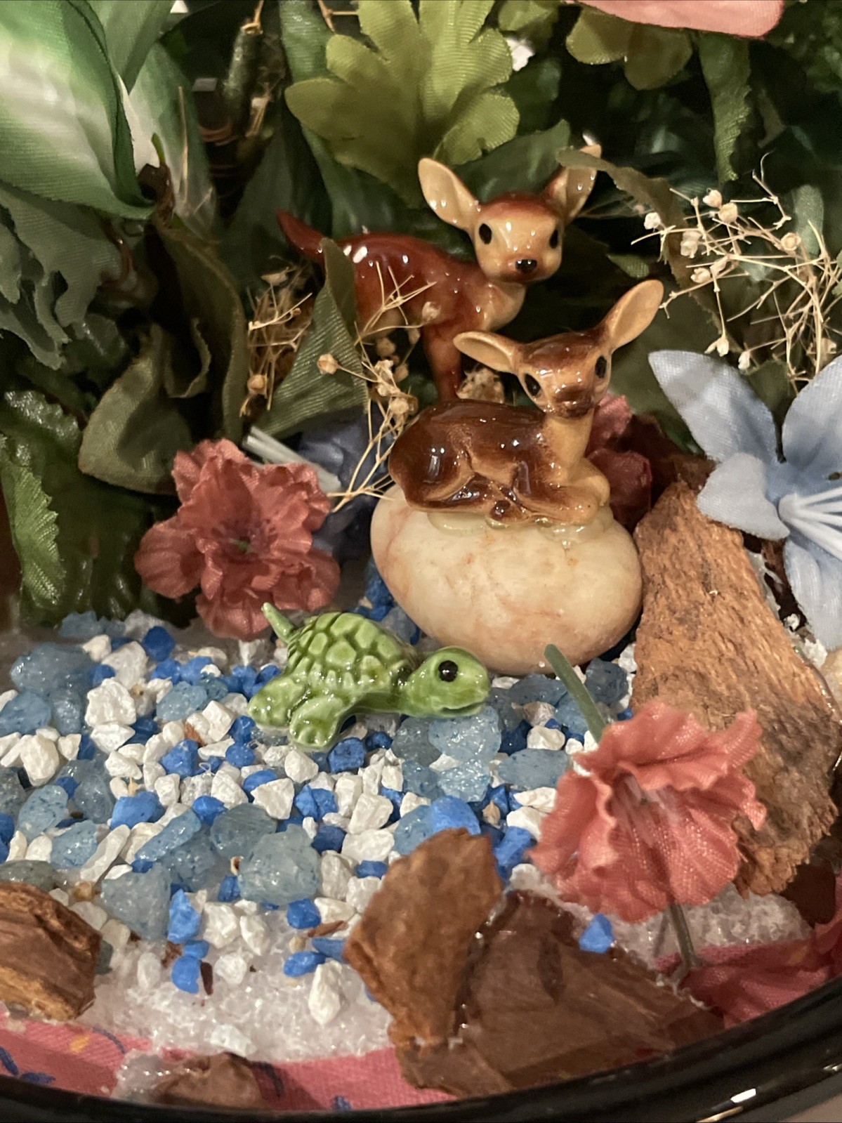 Vintage Glass Dome Terrarium Woodland Animals & Turtle 7”