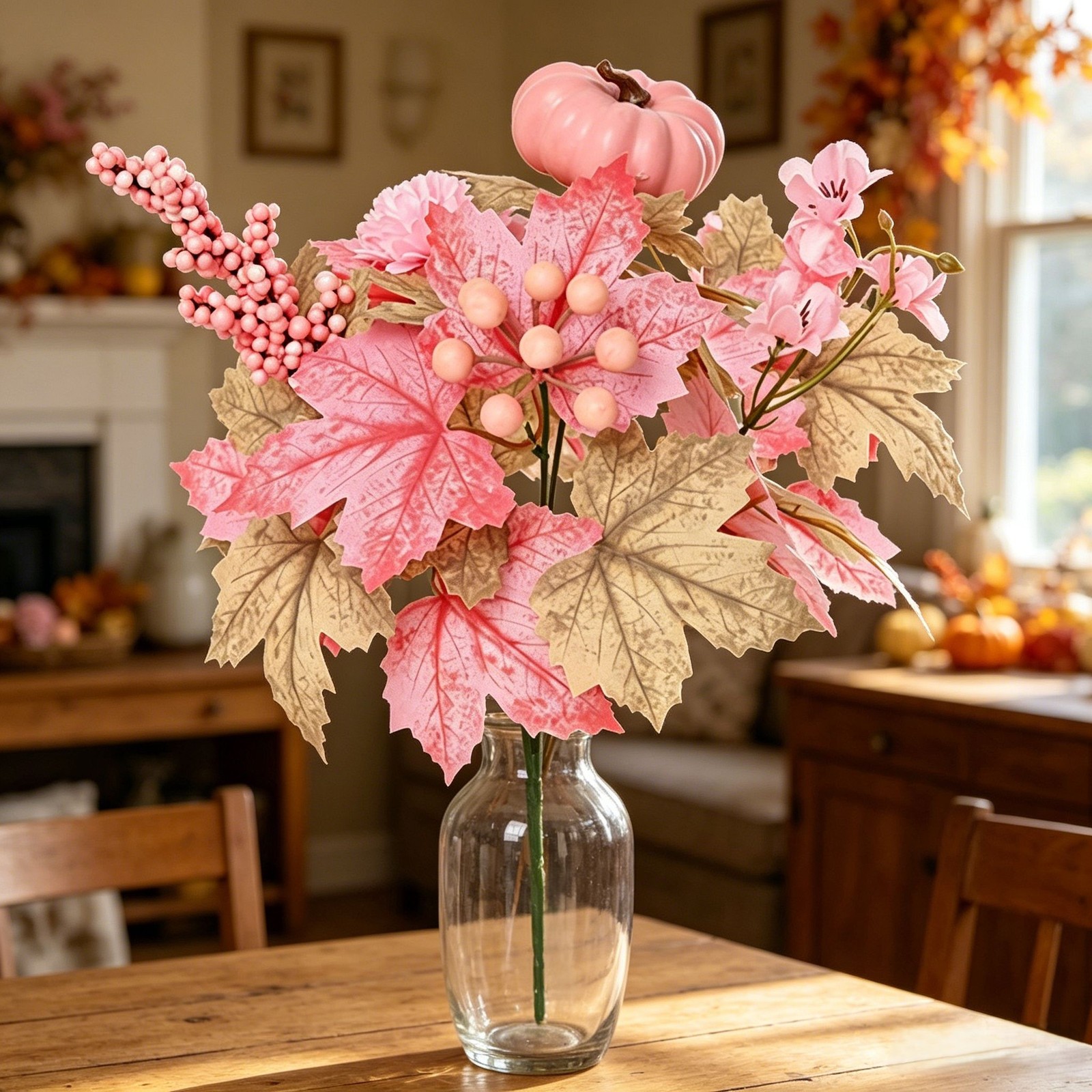 Artificial For Bouquet 12.6in with Pink Pumpkin Maple Leaves and Berries