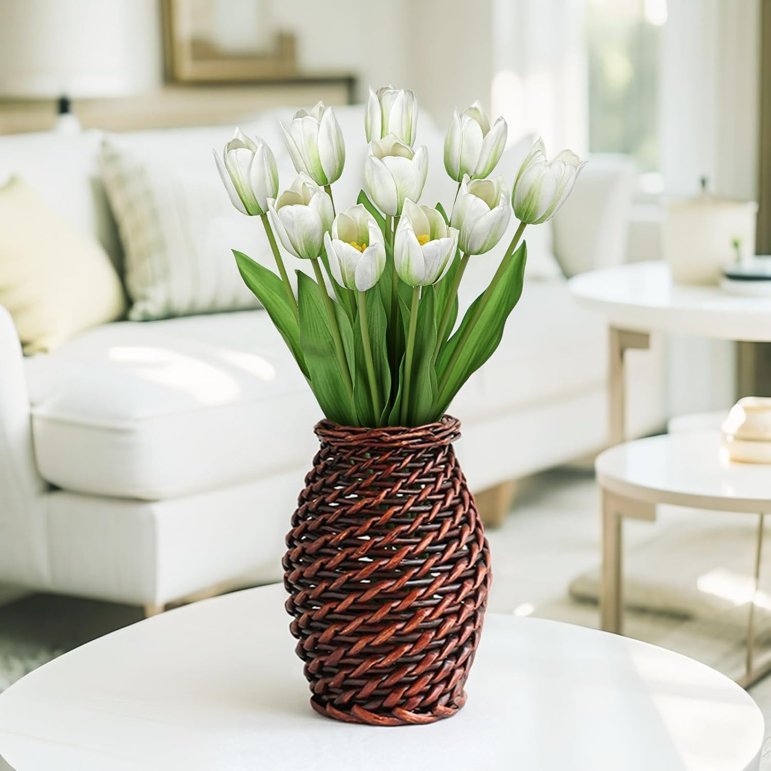Artificial Tulips Flowers – 20″ Long Stem Faux Tulips, 10PCS Real Touch Fake Whi