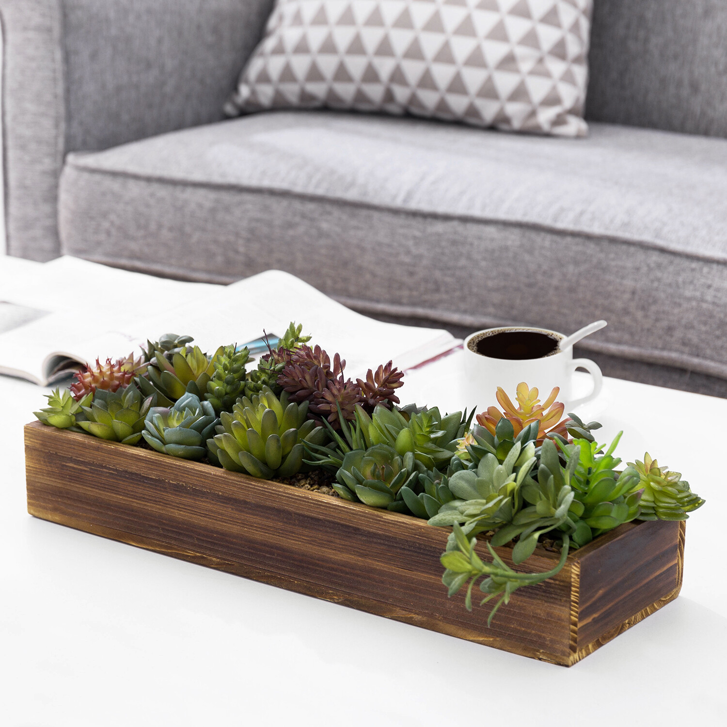 MyGift Faux Assorted Succulent Plant Arrangement in Rustic Brown Wood Planter