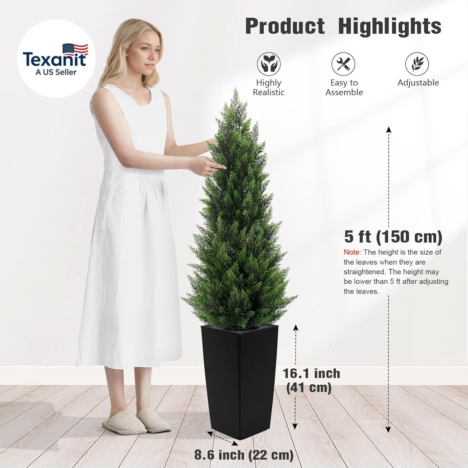 5FT Tall 2 Pack Artificial Cedar Topiary Trees with Compact Pyramidal Shape, Rea