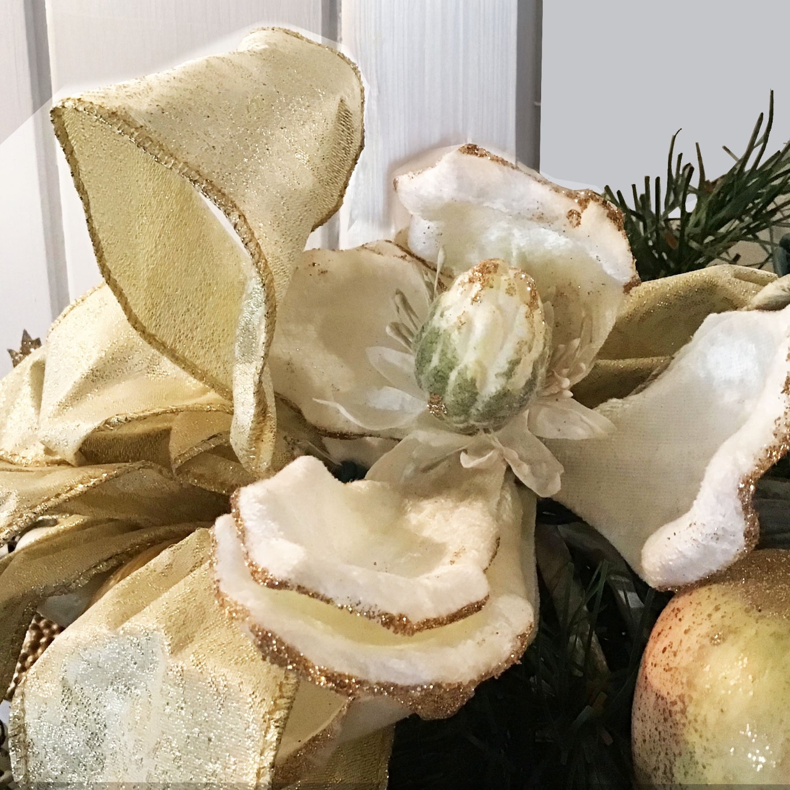 Holiday Swag with white silk Magnolias Hydrengeas Silver Glass Bubbles Gold