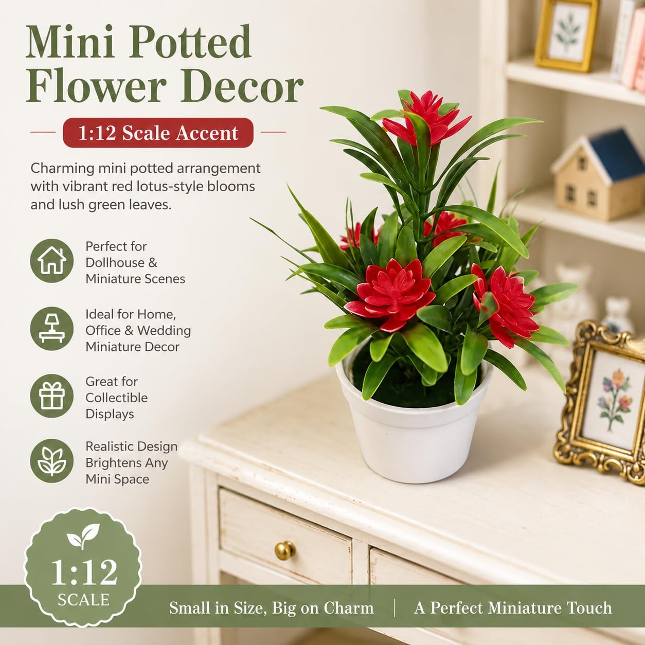 Dollhouse 1: 12 Red Artificial Lotus Flowers in Plastic Vase, Mini Potted Flo…